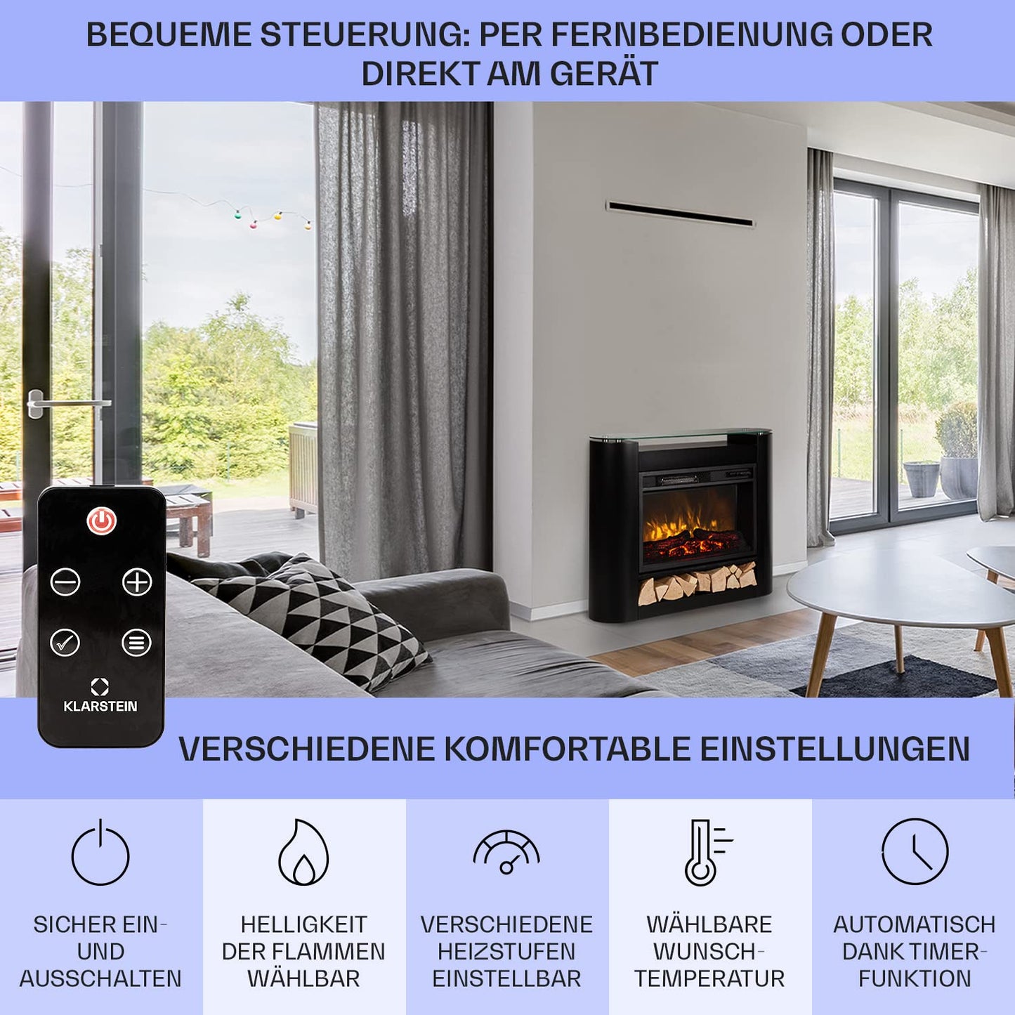 Klarstein Elektrokamin, Elektro Heizungen für Wohnzimmer & Innenräume, Elektrischer Kamin mit LED Flammen, Sparsamer Elektroofen, Heizlüfter mit Timer, Einstellbarer Thermostat, Heizung 1800 W