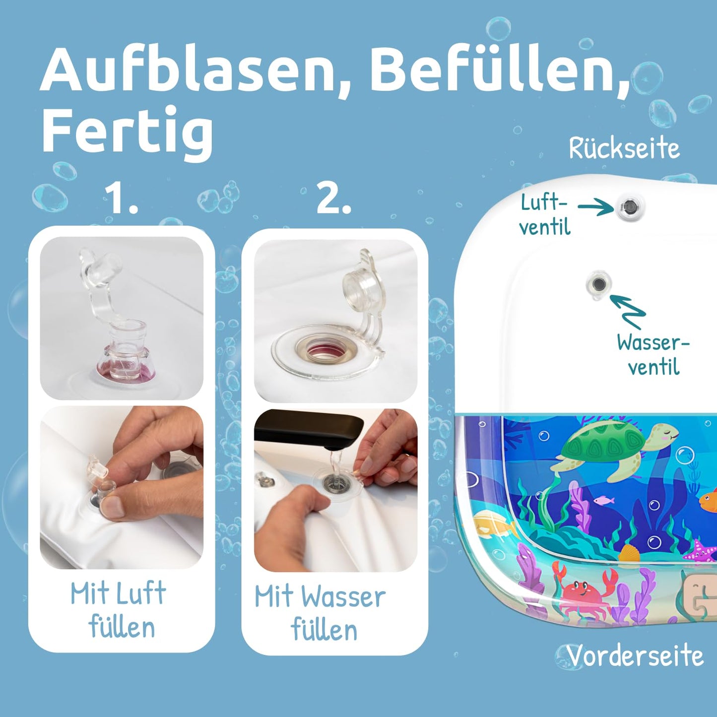 Mallie® Wassermatte Baby 66x50 CM [100% BPA & Schadstoff-Frei] ab 3, 6 und 9 Monate im Ozean Blau Design I Baby Spielzeug, Spielzeug Ab 6 Monate als Wassermatte Baby und Baby Spielzeug 6 Monate