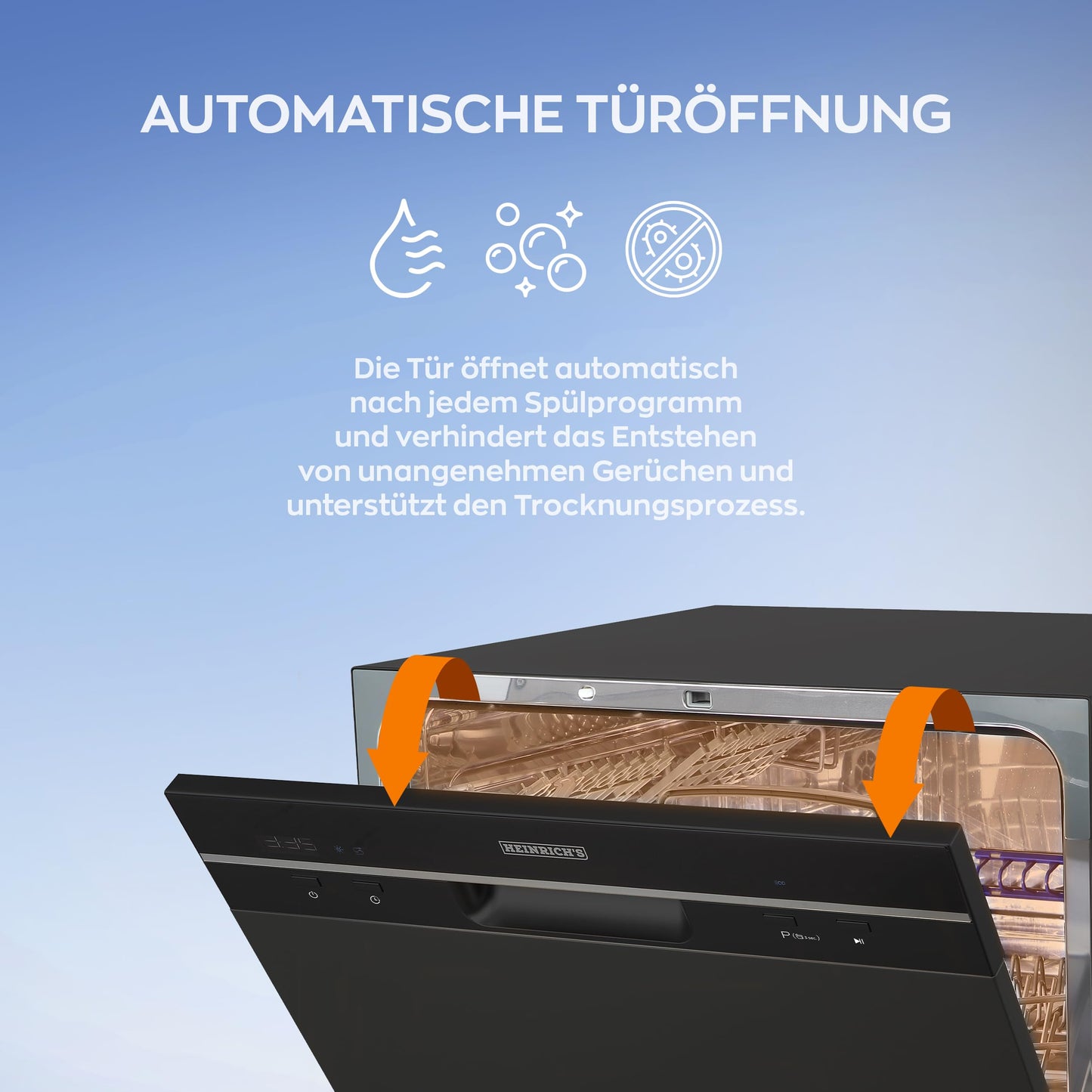 Heinrich´s Portable Mini Dishwasher, Dishwasher, Table Dishwasher with 6.5 L Consumption, Only with Water Connection, Small + Freestanding for Office, Camping/Motorhome, 7 Programmes, 1380 W