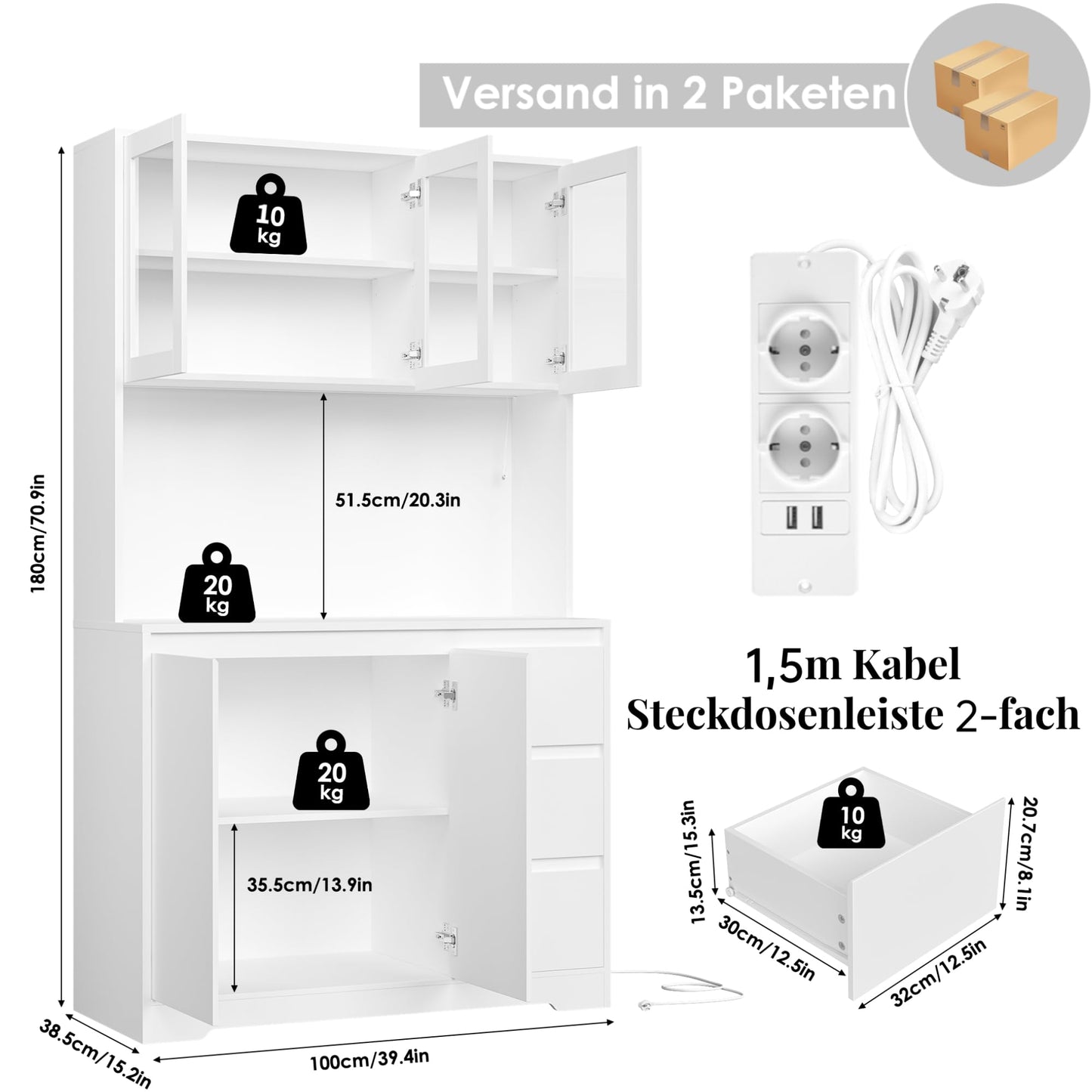 FirFurd Kitchen Cabinet Buffet Cabinet with LED Sideboard for Kitchen with Power Strip Kitchen Cabinet with Worktop and 3 Drawers Kitchen Buffet with Adjustable Shelf 180 x 100 x 38.5 cm (Black)