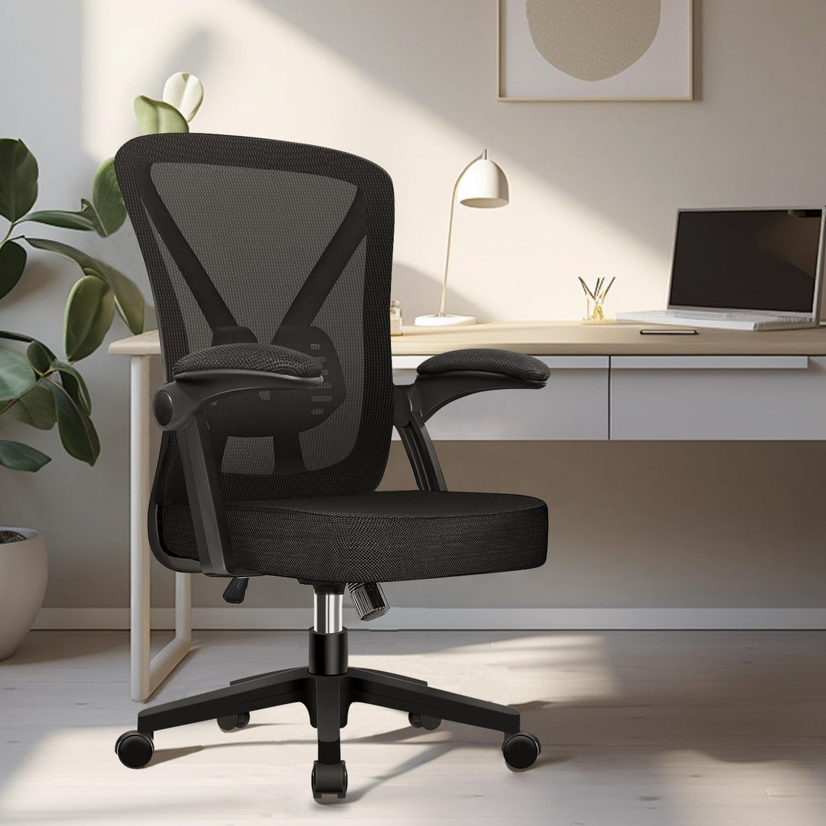 Hinonde Office Chair, Desk Chair with Folding Armrests and Rocker Function, 360° Swivel Chair, Height-Adjustable Office Chair, Ergonomic Home Office Chair with Breathable Mesh, Up to 150 kg