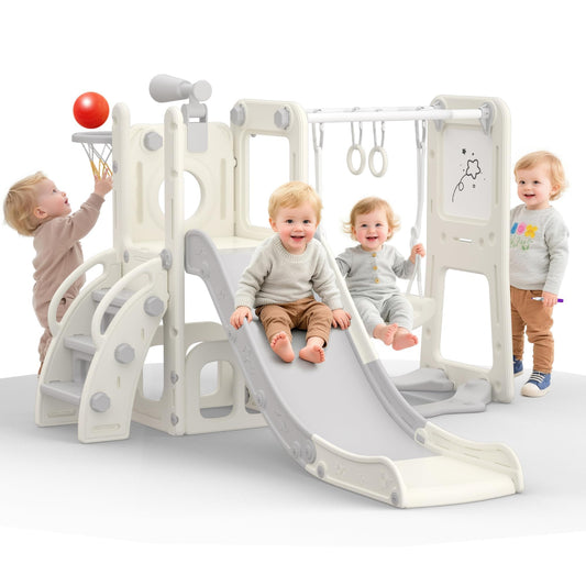 hoopyosms 8-in-1 Rutsche und Schaukel Set für Kleinkinder mit Whiteboard, Basketballkorb, Teleskop, Klettergerüst & Turnringen, Indoor Outdoor Spielplatz Aktivitätscenter für Kinder(Grün)