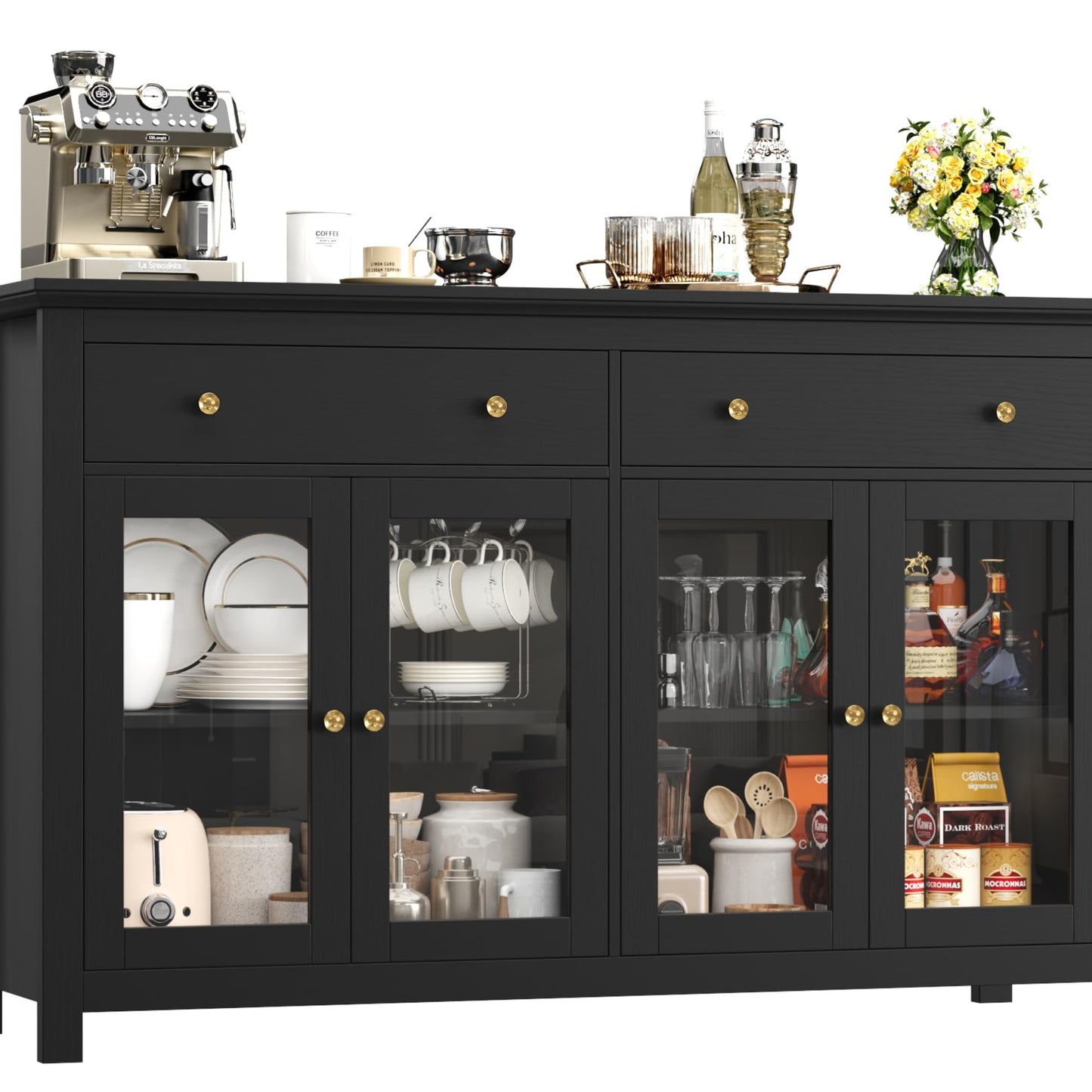 FirFurd Sideboard 140 cm Wide Kitchen Cabinet with Worktop Sideboard for Kitchen Living Room Buffet Cabinet with 2 Drawers and 4 Glass Doors Kitchen Buffet with Adjustable Shelf 140 x 90.7 x 40 cm
