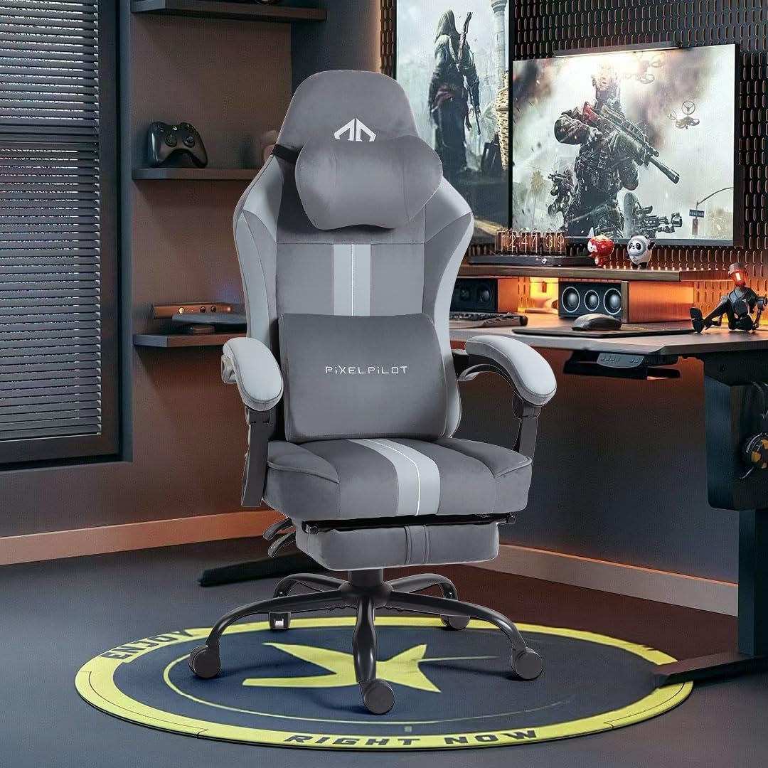 PixelPilot Ergonomic Gaming Chair [Breathable Fabric] Gaming Chair with Footrest, Head and Lumbar Support, Gamer PC Chair Wide Seat, Office Chair 150 kg Load Capacity (Nebula I, Grey)