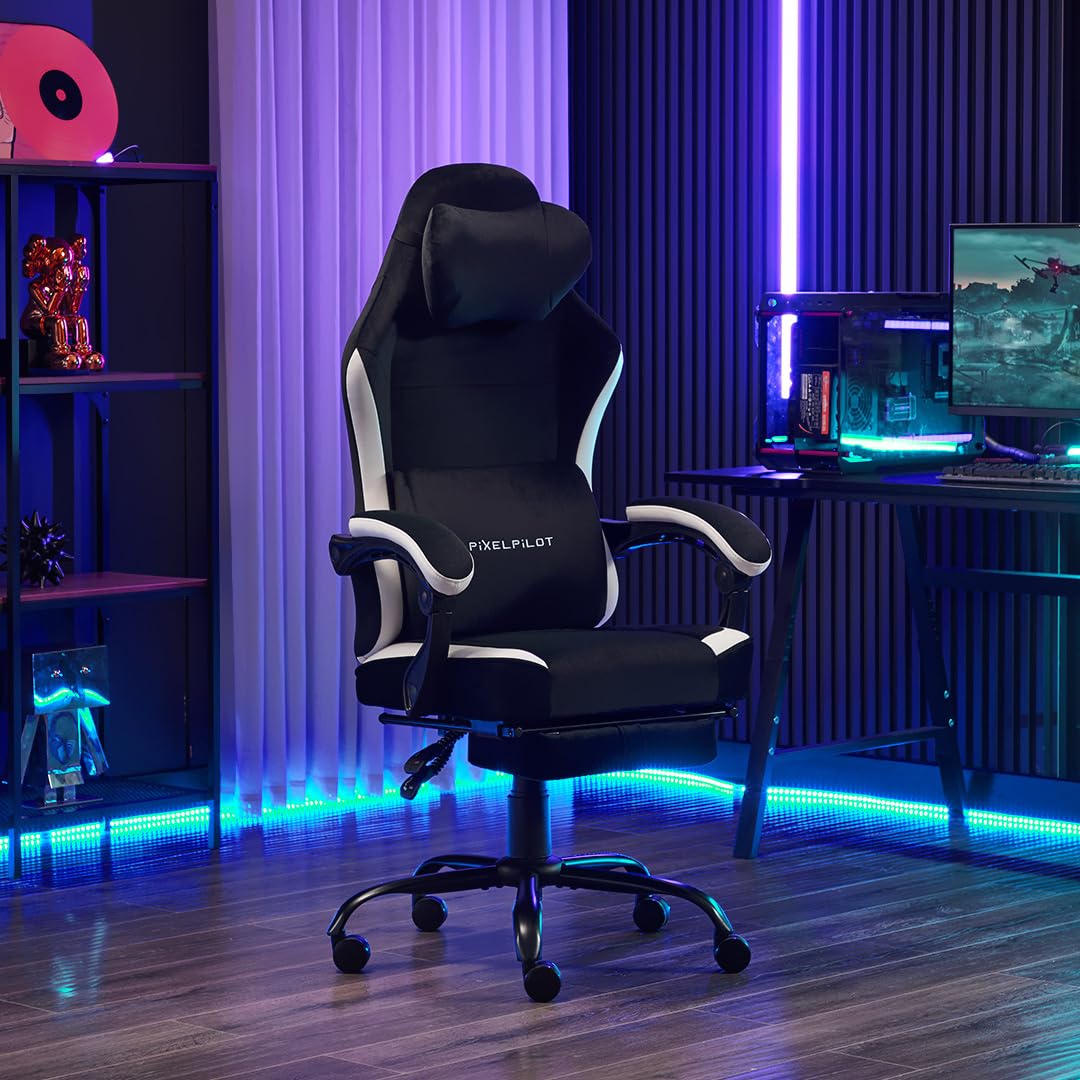 PixelPilot Ergonomic Gaming Chair [Breathable Fabric] Gaming Chair with Footrest, Head and Lumbar Support, Gamer PC Chair Wide Seat, Office Chair 150 kg Load Capacity (Nebula I, Grey)