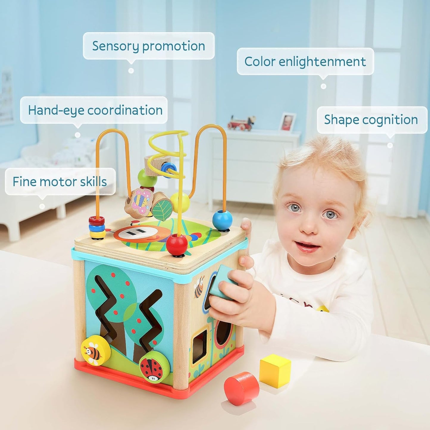 TOP BRIGHT Wooden Shape Sorter Activity Cube Toy for 1 Year Old Baby - 1st Birthday Gift for Girls Boys 12 Months +