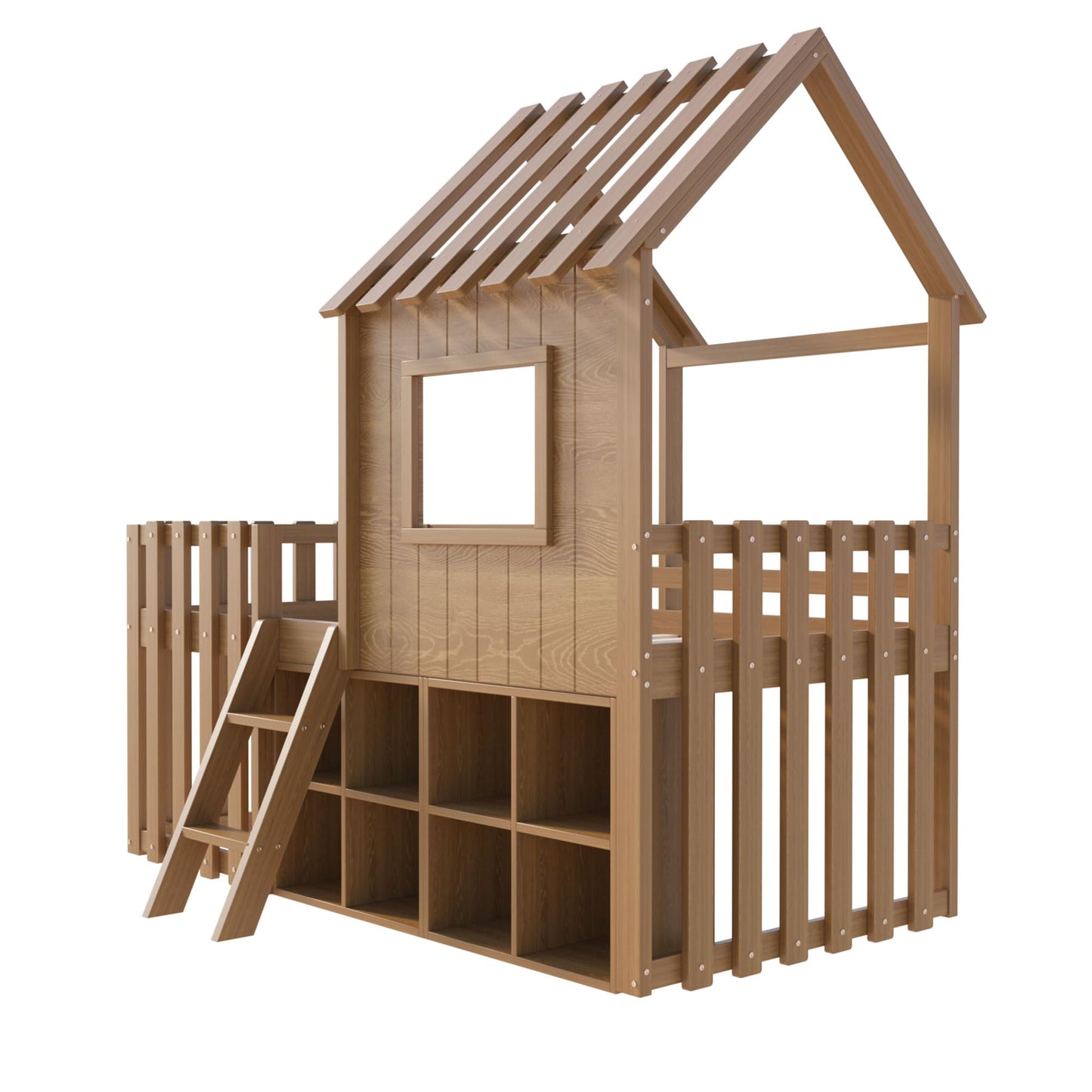 Children's Bed, House Bed 90 x 200 cm, Children's Bed Frame with Roof and Window, with Open Storage Space, with Climbing Ladder, Slatted Frame, Solid Wood Bed, Wooden Bed without Mattress (White)