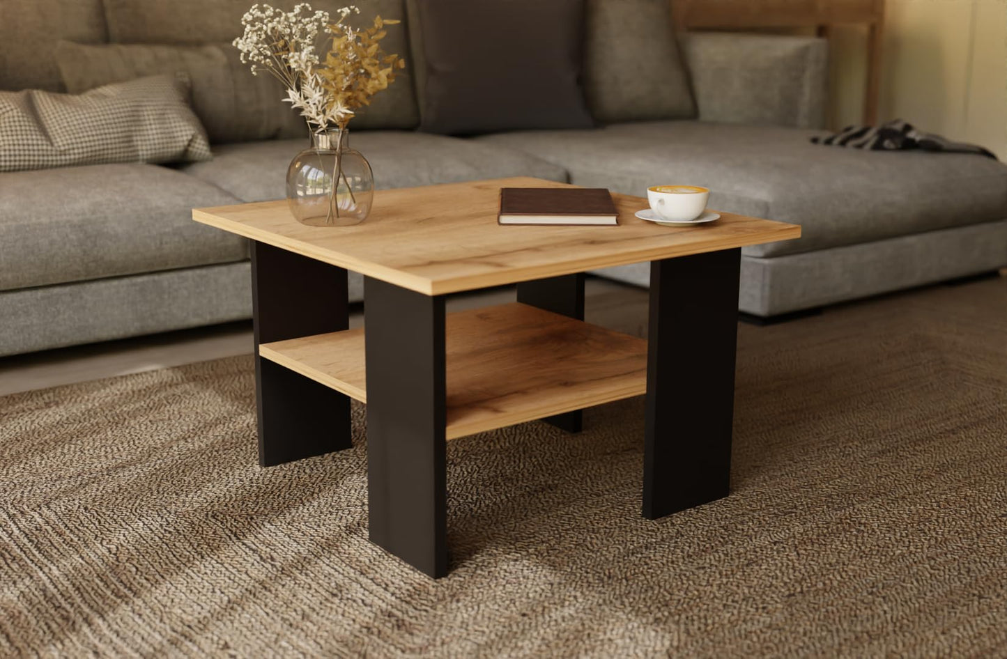 Artisan Coffee Table, Retro Loft Bench, Open Double Shelf, Skate Legs, Ideal for Coffee Get-Togethers, Laminated Top, Large Surface, Guaranteed Stability, White 3