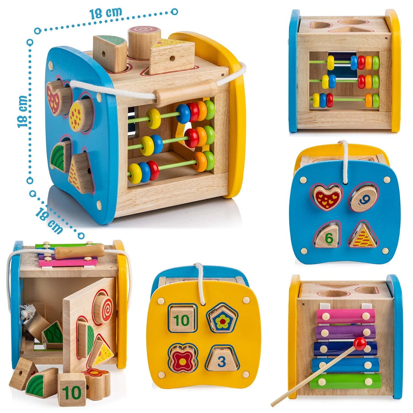 all Kids United® Wooden Cube Educational Toy Box Play Box for Baby & Toddler; Wooden Toy Puzzle Sorting Cube Trains Motor Skills Promotes Shape Recognition & Concentration