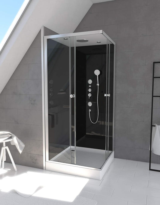 MARWELL Komplettdusche Fertigdusche Black Square 90 x 90 x 215 cm – Dusche im komplett Set inkl. Duschwanne und Armatur- Eckdusche mit Eckeinstieg
