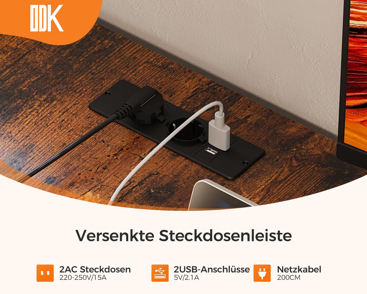 ODK Corner Desk with 4 Drawers, 155 x 110 cm, L Shape Desk with Socket and USB Charging Port, Reversible Desk with Storage Space for Office, Study, Bedroom, Vintage Brown