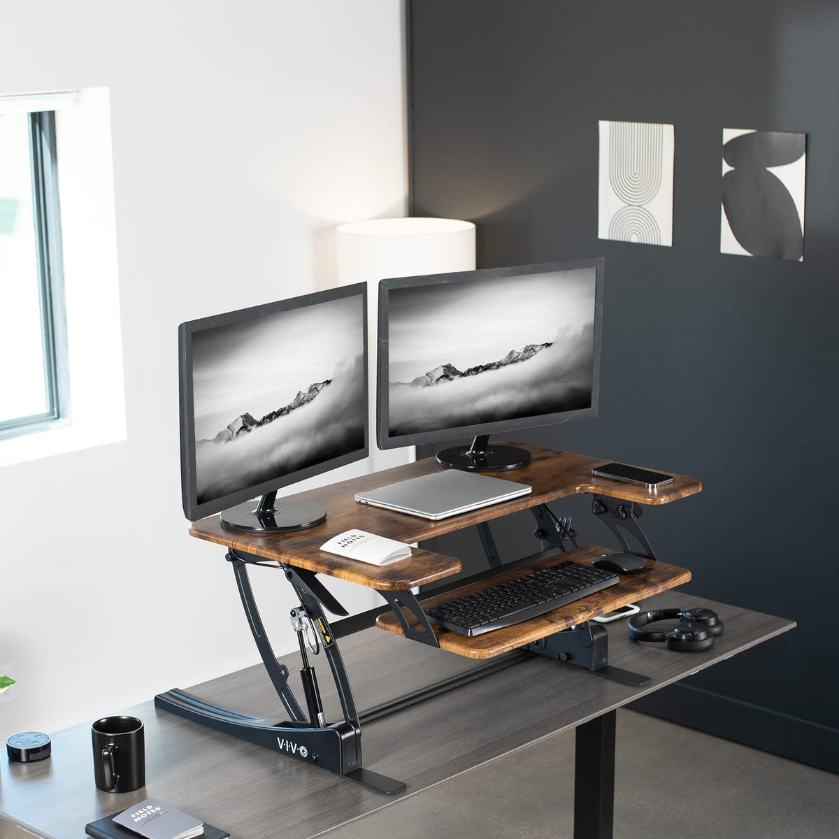 Vivo Black Height Adjustable 36" Stand up Desk Converter | Quick Sit to Stand Tabletop Monitor Riser (DESK-V000V)