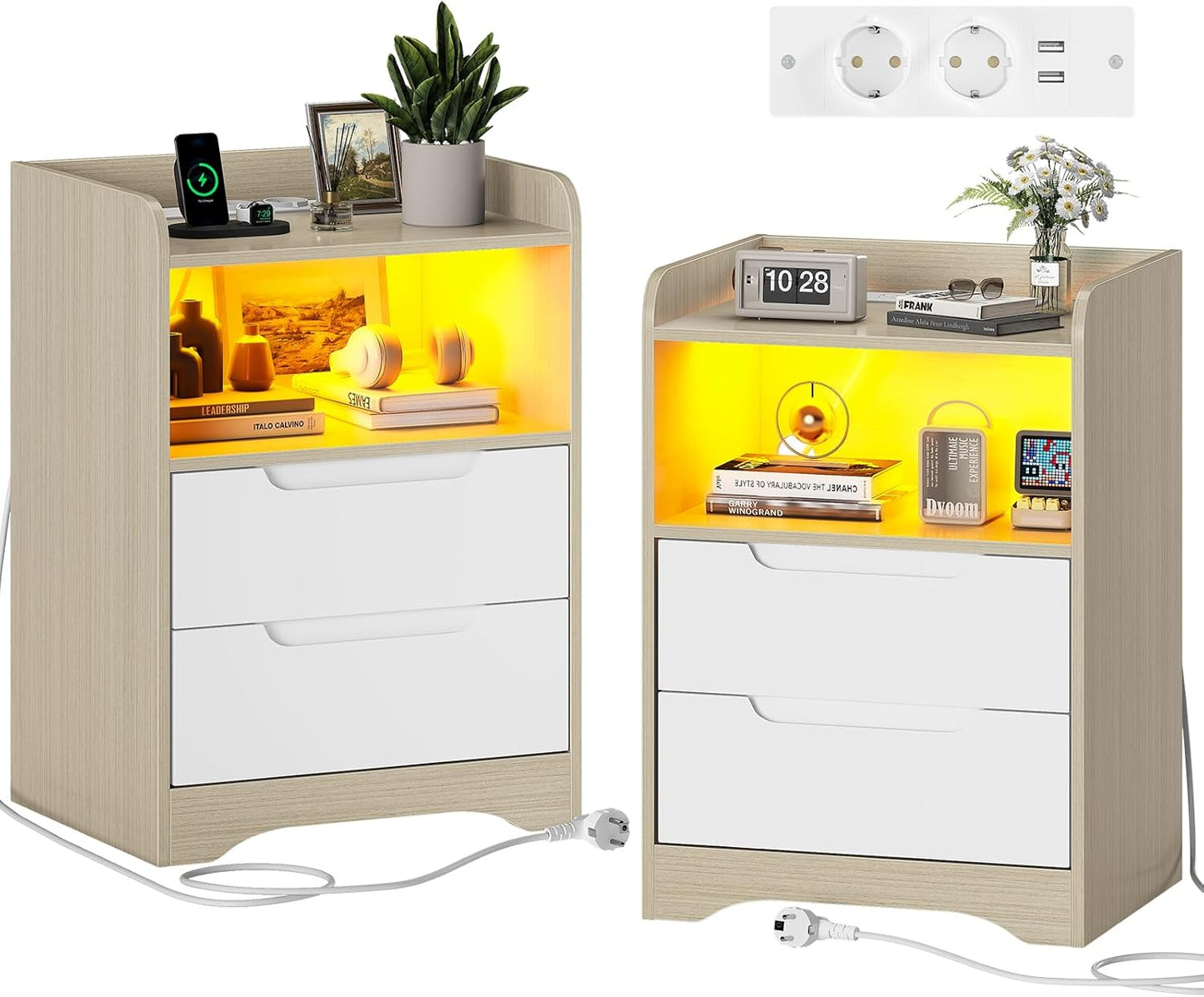 Bedside Table Set of 2 Bedside Tables with Charging Function and LED Light, Bedside Table, Set of 2 with 2 Drawers, Black Side Table, Black Coffee Table, Sofa Table for Bedroom, Living Room