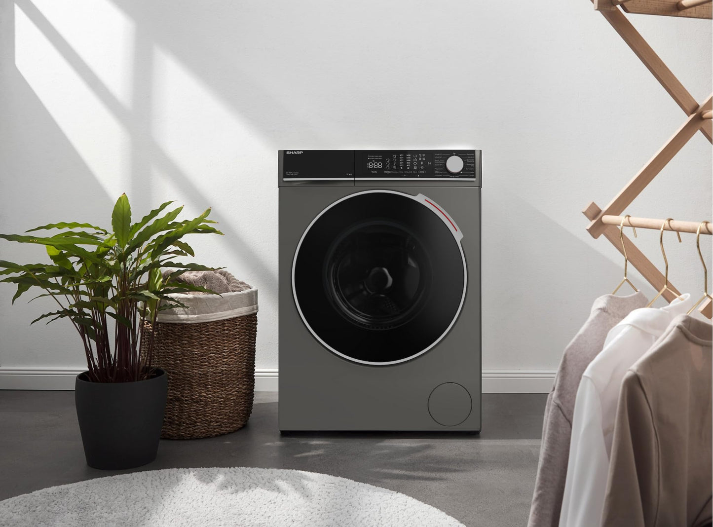 Sharp ES-WNFL914CMDA-DE Washing Machine, 9 kg, 1400 rpm, Energy Efficiency Class A (-20%), Inverter Motor, AquaStop, AquaGuard, WiFi, LED Touch, Steam Function, Black