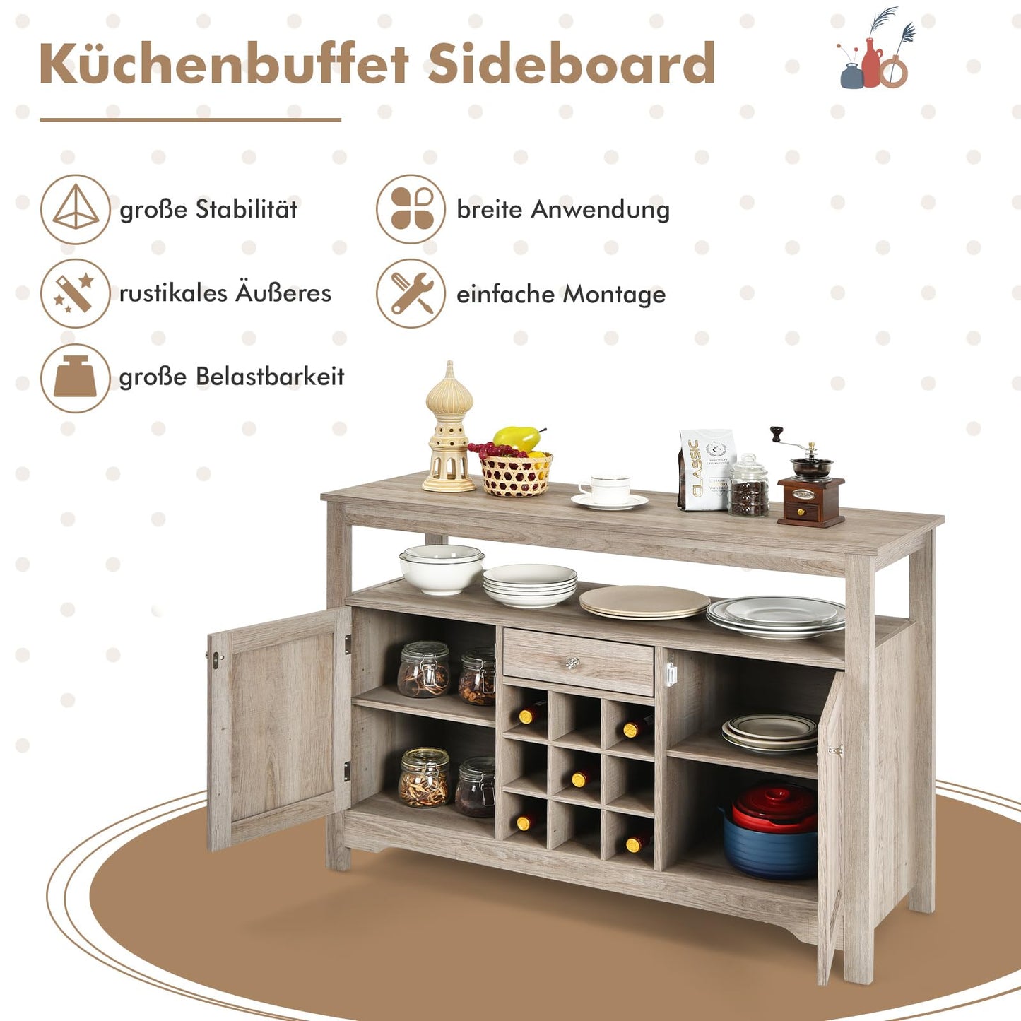 COSTWAY Sideboard Kitchen Cabinet with Doors and Drawers, Wooden Kitchen Chest of Drawers, Buffet Cabinet, Storage Cabinet, Side Cabinet, Wine Cabinet, 116 x 40 x 82 cm (White)