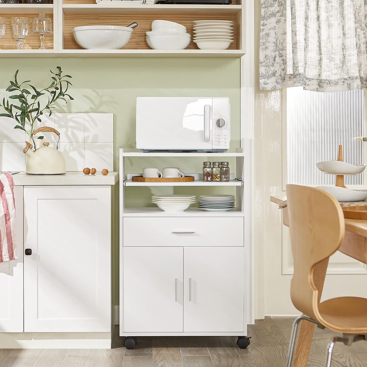SoBuy® FSB09-W Kitchen Cupboard, Kitchen Trolley, Rolling Cabinet, Drinks Trolley, Microwave Cabinet with One Sliding Shelf, White W x H x D approx. 59 x 92 x 40 cm