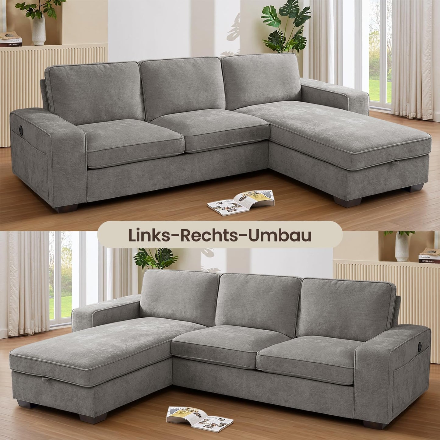 DUANDUAN 250CM Convertible Sektionssofa Couch mit Chaise Lagerung, Moderne L-förmige Reversible Design, Bequeme Chenille Stoff, abnehmbare Kissenbezüge USB Typ-C Ports Wohnzimmer(Beige)