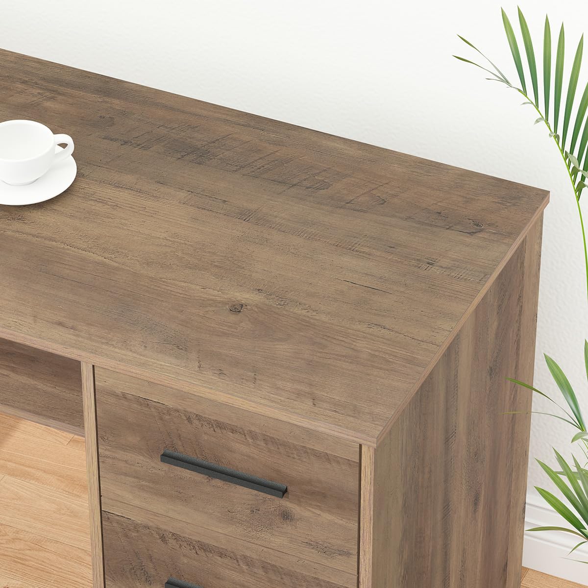 HSH L Shape Desk with Storage Space, Large Corner Desk, Computer Desk with Drawers and Shelves, Home Office, Bedroom, Metal, Wood Desks, Light Grey Oak, 150 cm