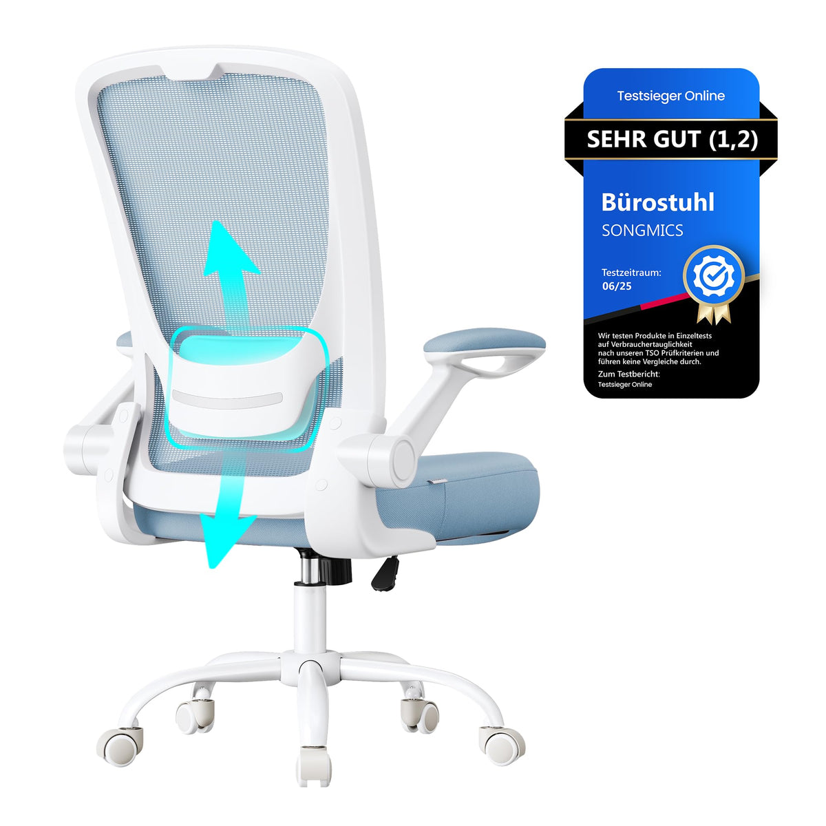 SONGMICS OBN037R01 Office Chair, Desk Chair, Mesh Swivel Chair, Ergonomic, Padded Lumbar Support, Rocker Function, 53 cm Seat, Folding Arms, Pastel Pink