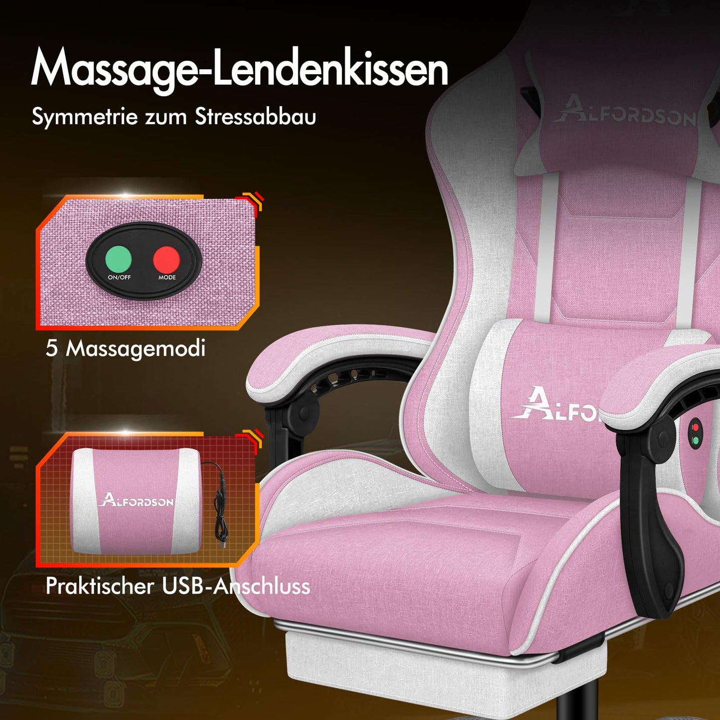 ALFORDSON Gaming-Stuhl mit Massage-Lendenwirbelkissen, ergonomischer Gamer-Racer-Stuhl mit Verstellbarer Rückenlehne, Drehstuhl mit Fußstütze, höhenverstellbar, Schwarz
