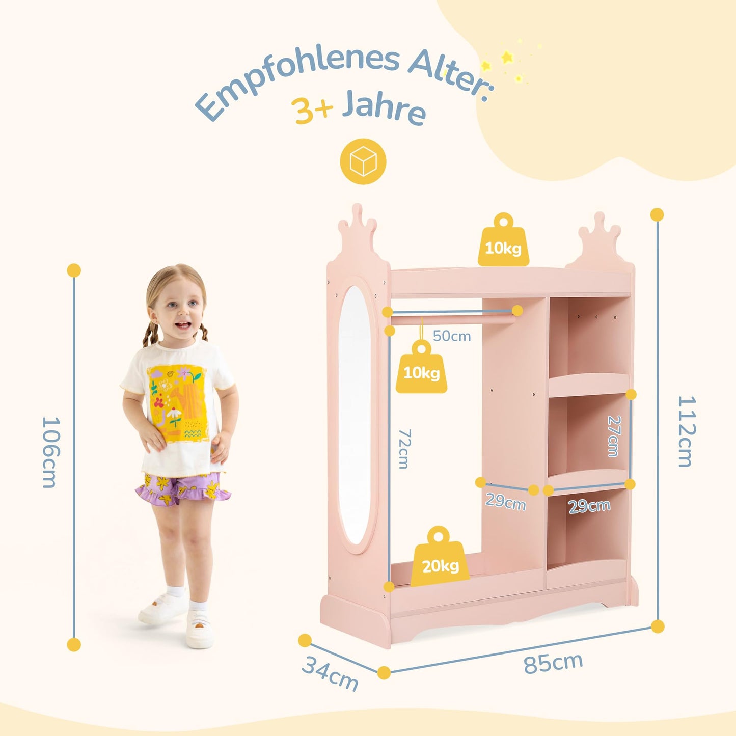 LUE BONA Children's Wardrobe with Mirror and Clothes Rail, Children's Coat Rack with 3 Hooks and 3 Open Shelves, Children's Wooden Wardrobe for Children's Room, 85 x 34 x 112 cm, White