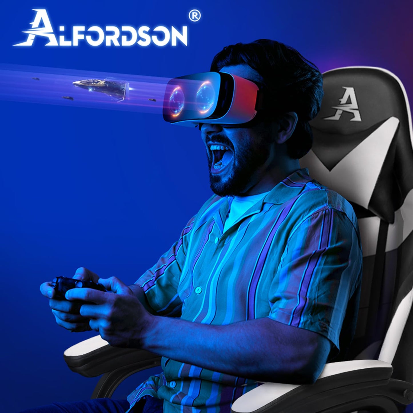 ALFORDSON Videospielstuhl, ergonomischer Bürostuhl, Massage-Rennstuhl, einziehbare Fußstütze, PU-Leder, höhenverstellbar und neigbar, 180 kg Tragkraft, Schwarz