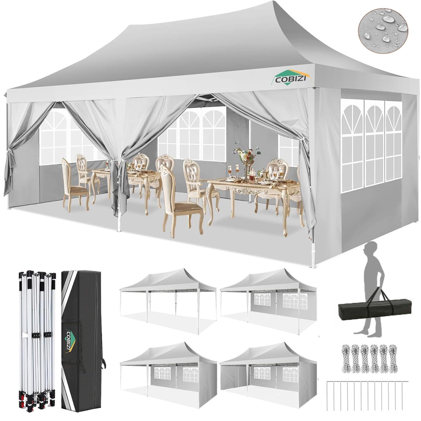 COBIZI Pavillon 3x6,Faltpavillon 3x6 Wasserdicht Stabil Winterfest, Sofort aufklappbare Vordächer Outdoor Gartenzelt mit 6 Seitenteilen, für Party Garten Festival, Weiß