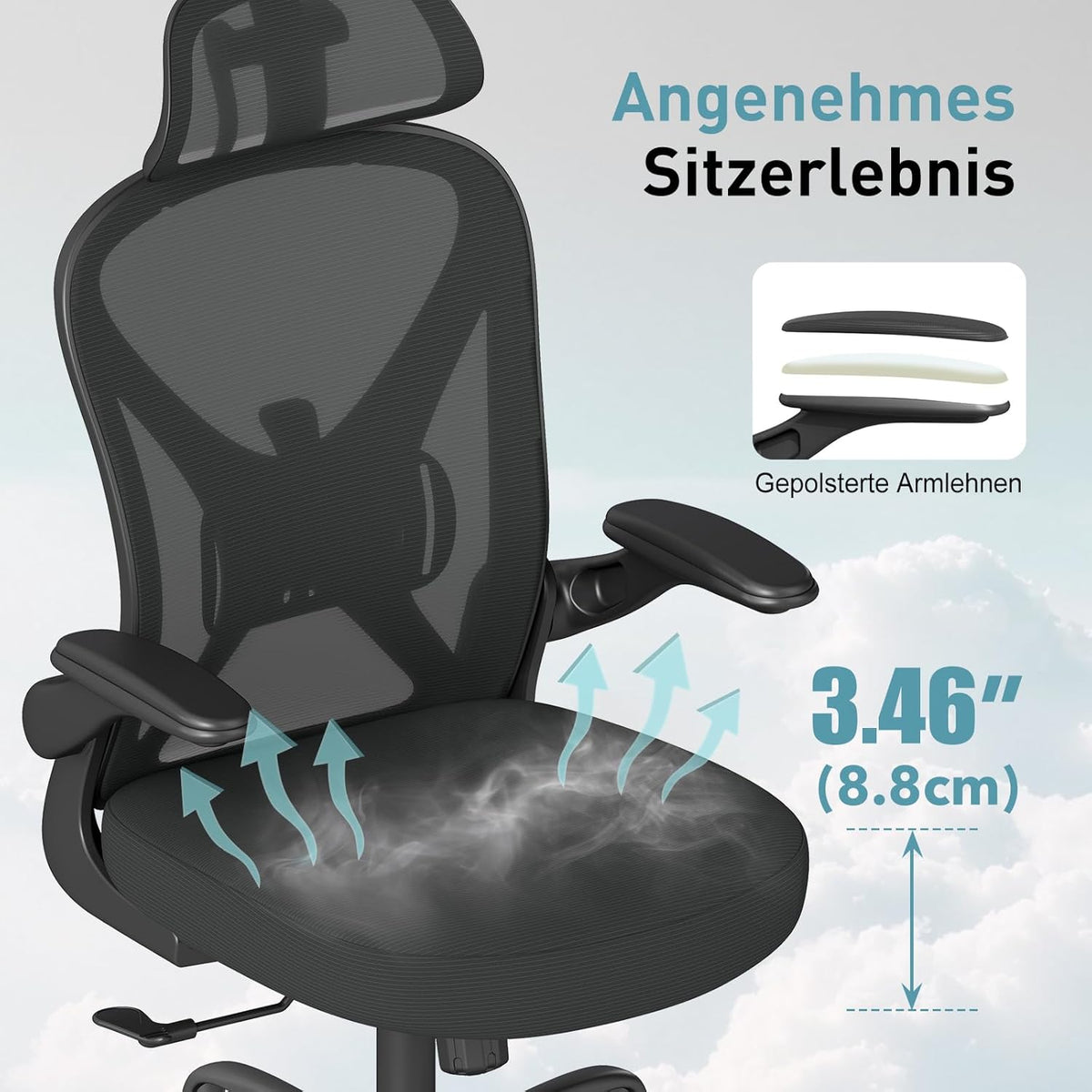 ZZH Ergonomic Desk Chair, Mesh Office Chair with Adjustable Lumbar Support & Folding Armrests, Breathable Computer Chair for Home Office with 360° Rotation & Height Adjustment, Black