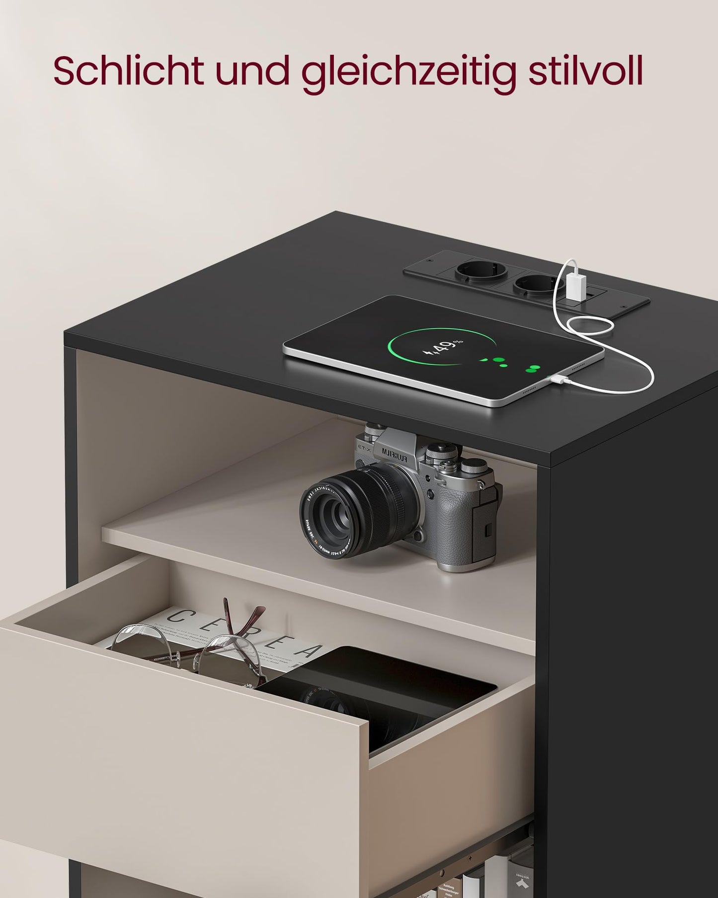 VASAGLE Bedside Table Set of 2, Toolless Technology, Super Fast Tool-Free Assembly, Side Table 3 Drawers, Bedside Cabinet, Bedroom, Living Room, Ink Black/Cappuccino Beige LET779B01