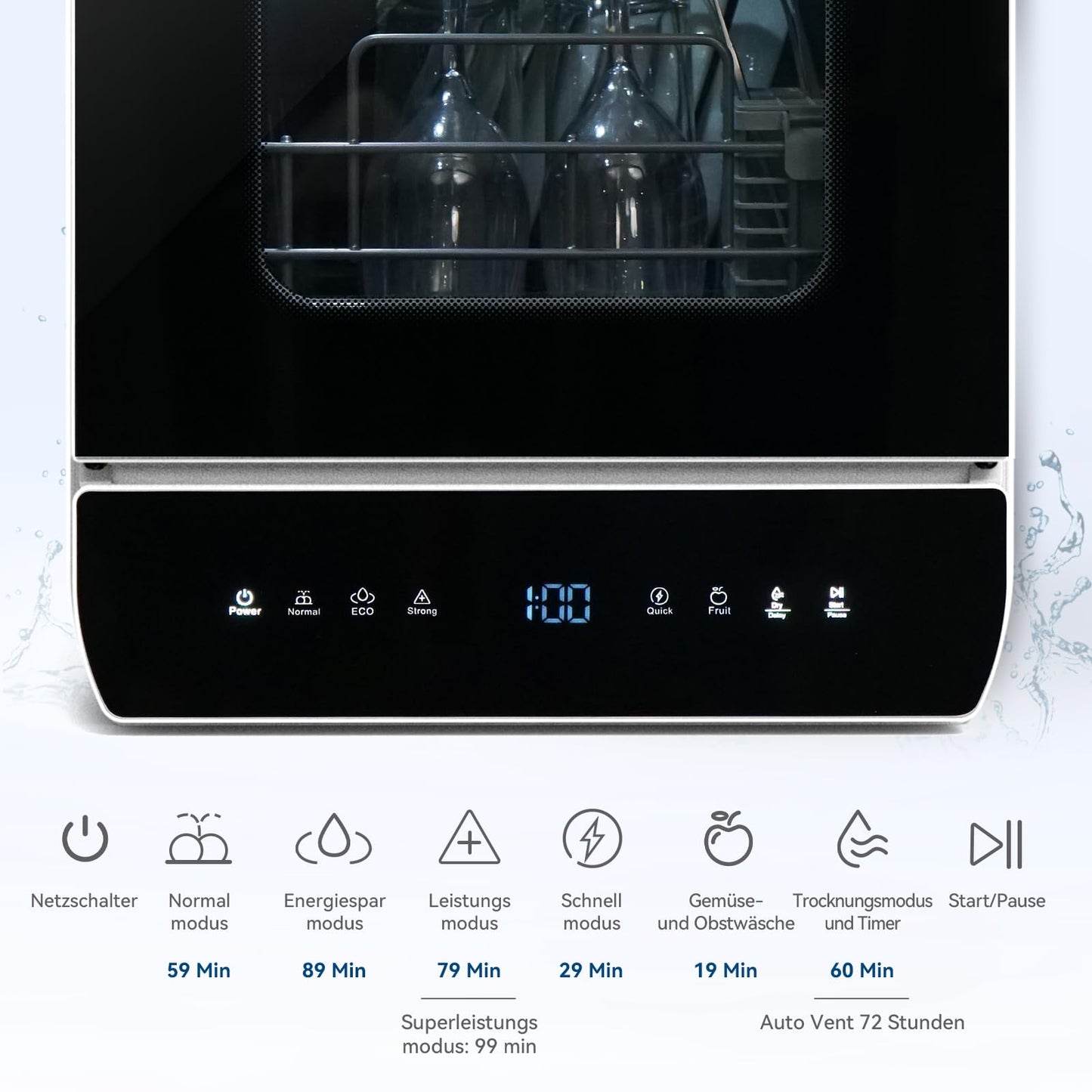 Mini Dishwasher for 3 Place Settings, Table Dishwasher with 7 Programmes with Drying Function, Can Be Used With/Without Water Connection, Dishwasher 4.8 L, Touch Control for Motorhomes, Homes