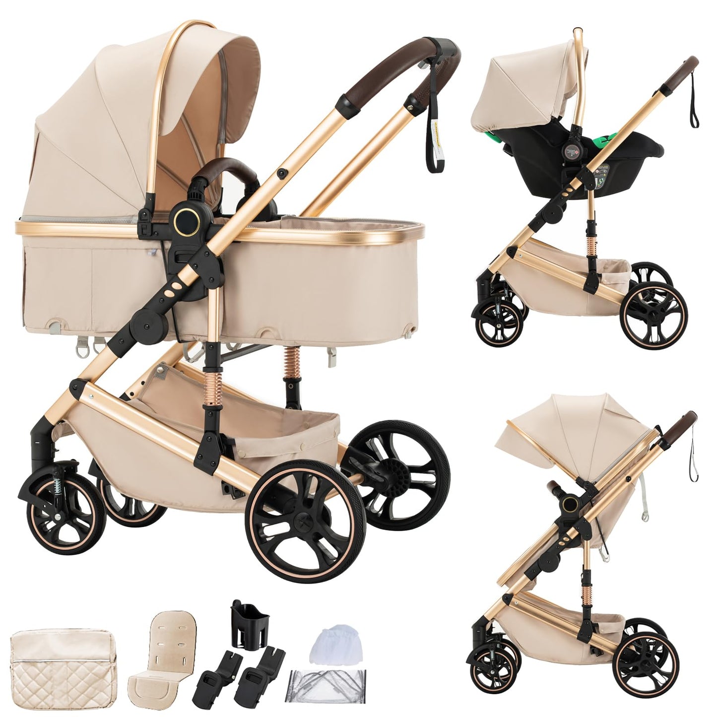 BEBBY 3-in-1 Pushchair Combination Pram Set 2-in-1 Buggy Foldable Luxury High Landscape Newborn Portable Foldable Pushchair Travel System (Black Gold, H2)
