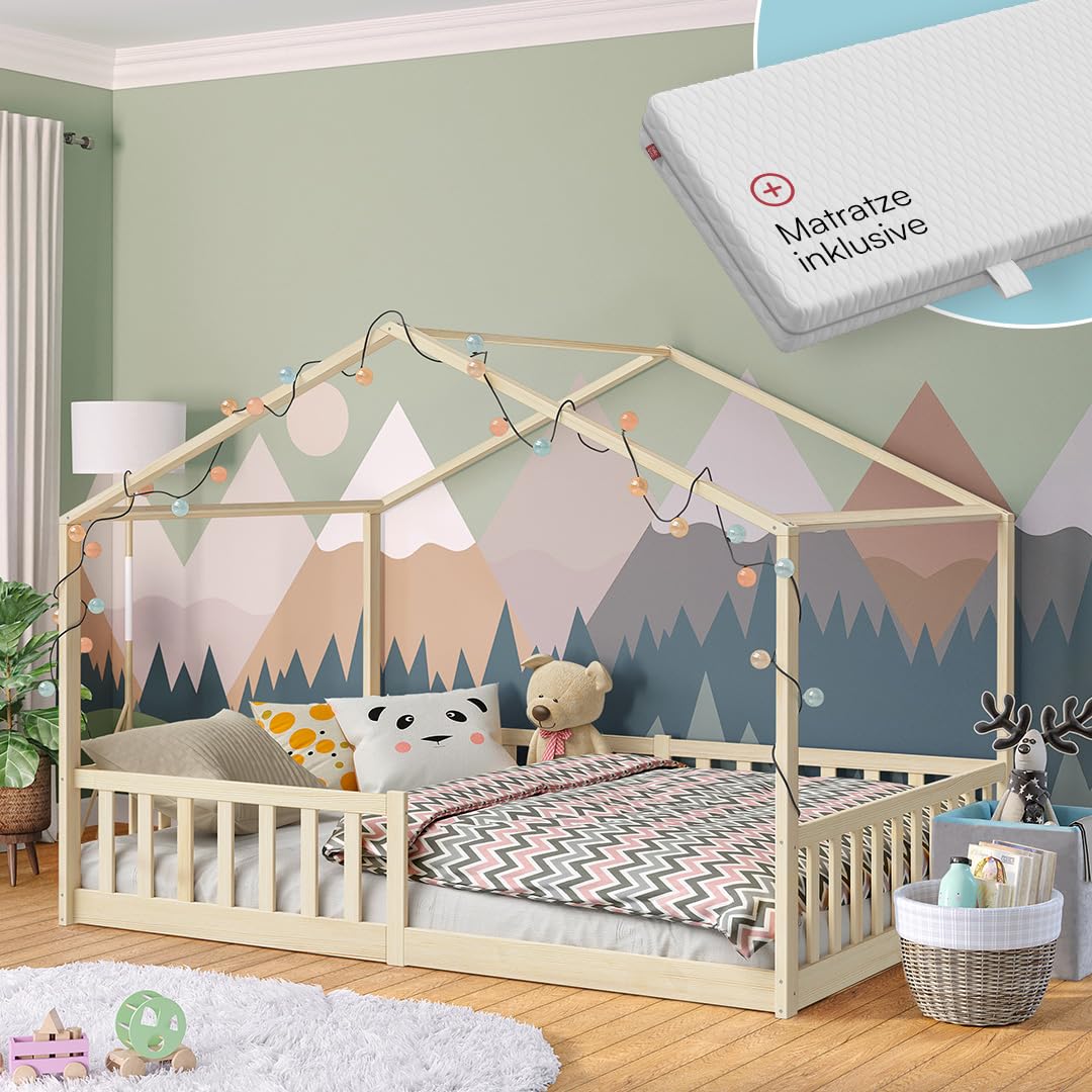 Bellabino Bia Children’s Bed, 90 x 200 cm, Children’s House Bed incl. Fall Protection and Rolled Slatted Frame, Montessori Floor Bed, White, Solid Pine Wood