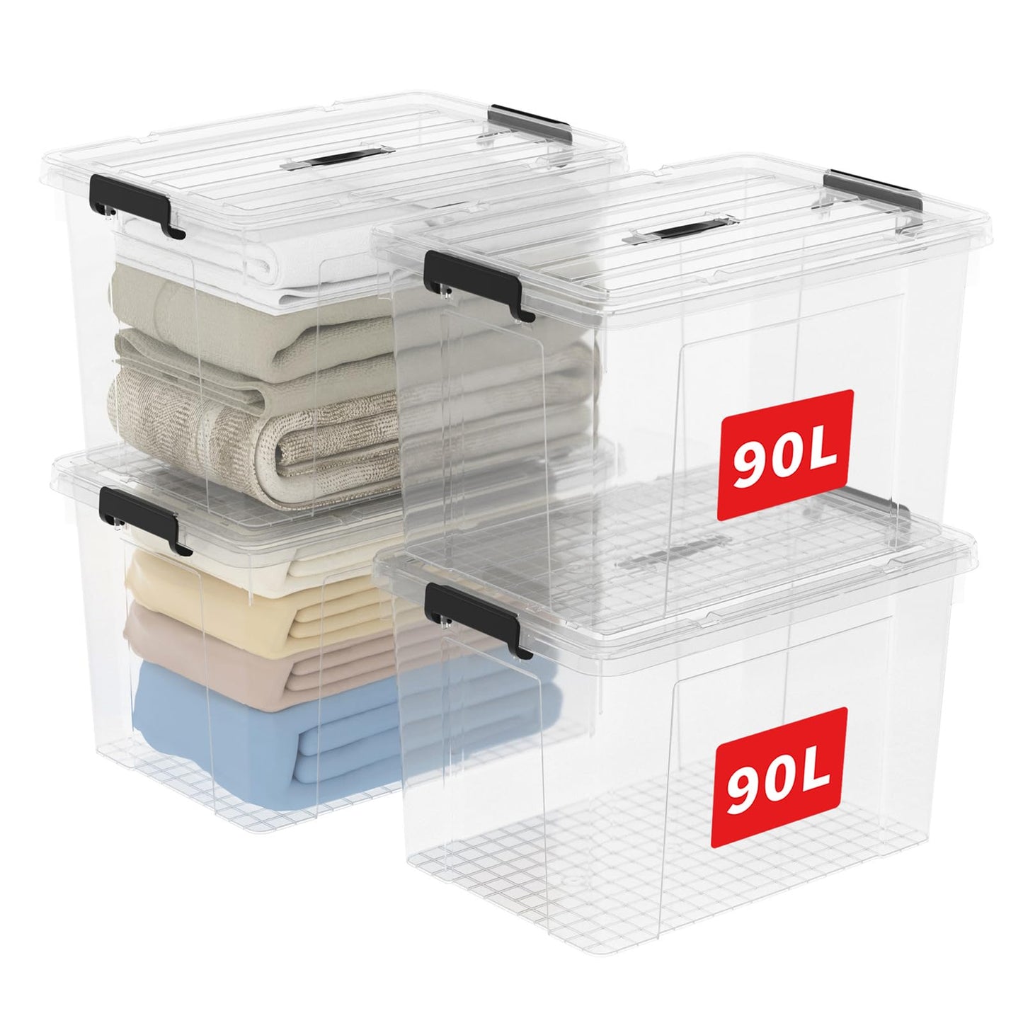 Cetomo 45 L x 3 Storage Boxes, Portable Plastic Boxes with Lids, Organiser Container with Handle and Clips, Stackable, Nestable, for Home and Office, Transparent, 45 L, Pack of 3