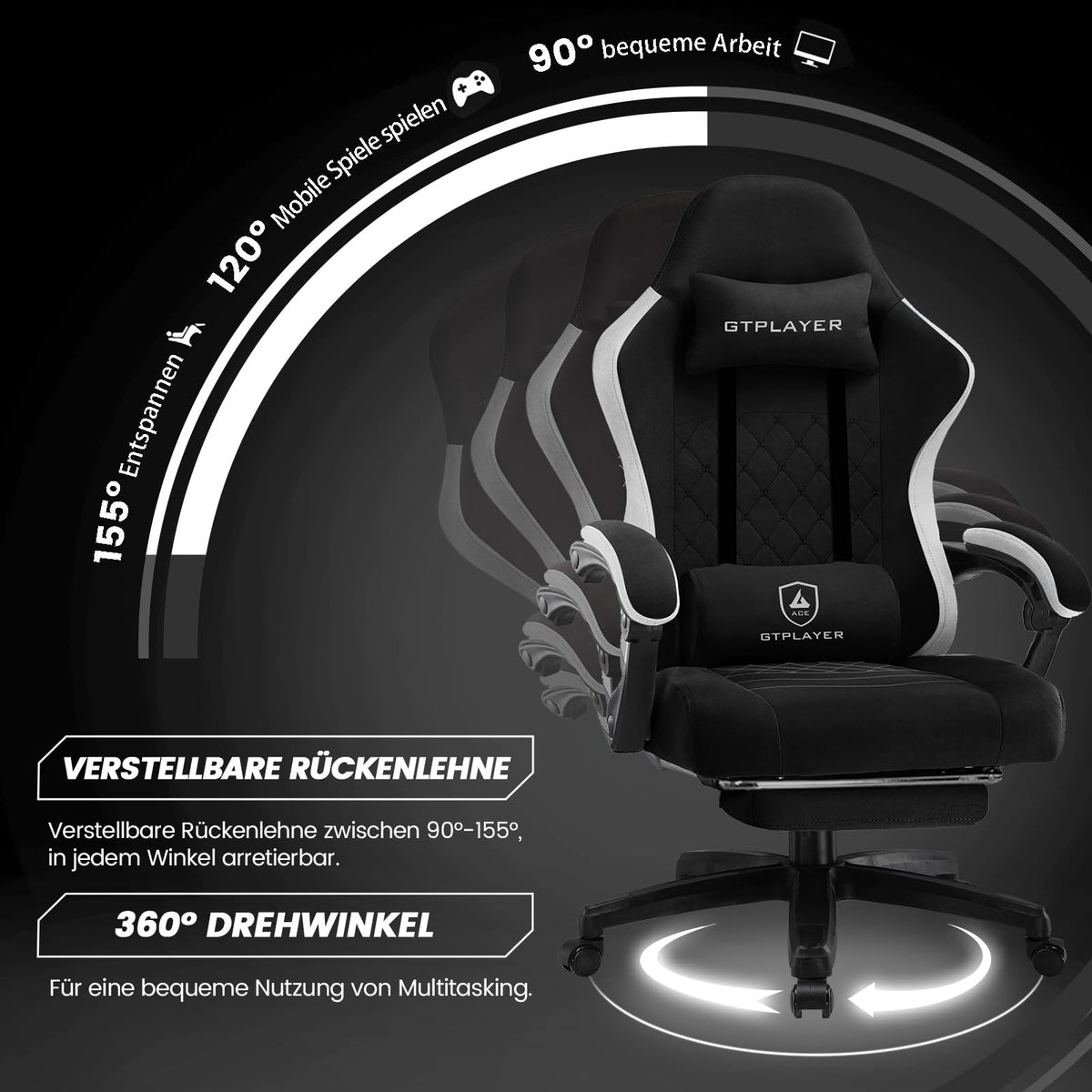 GTPLAYER Gaming Chair, Ergonomic Gaming Chair, Desk Chair with Fabric Surface, Spring Seat Cushion, Connecting Armrests and Footrest, Light Black