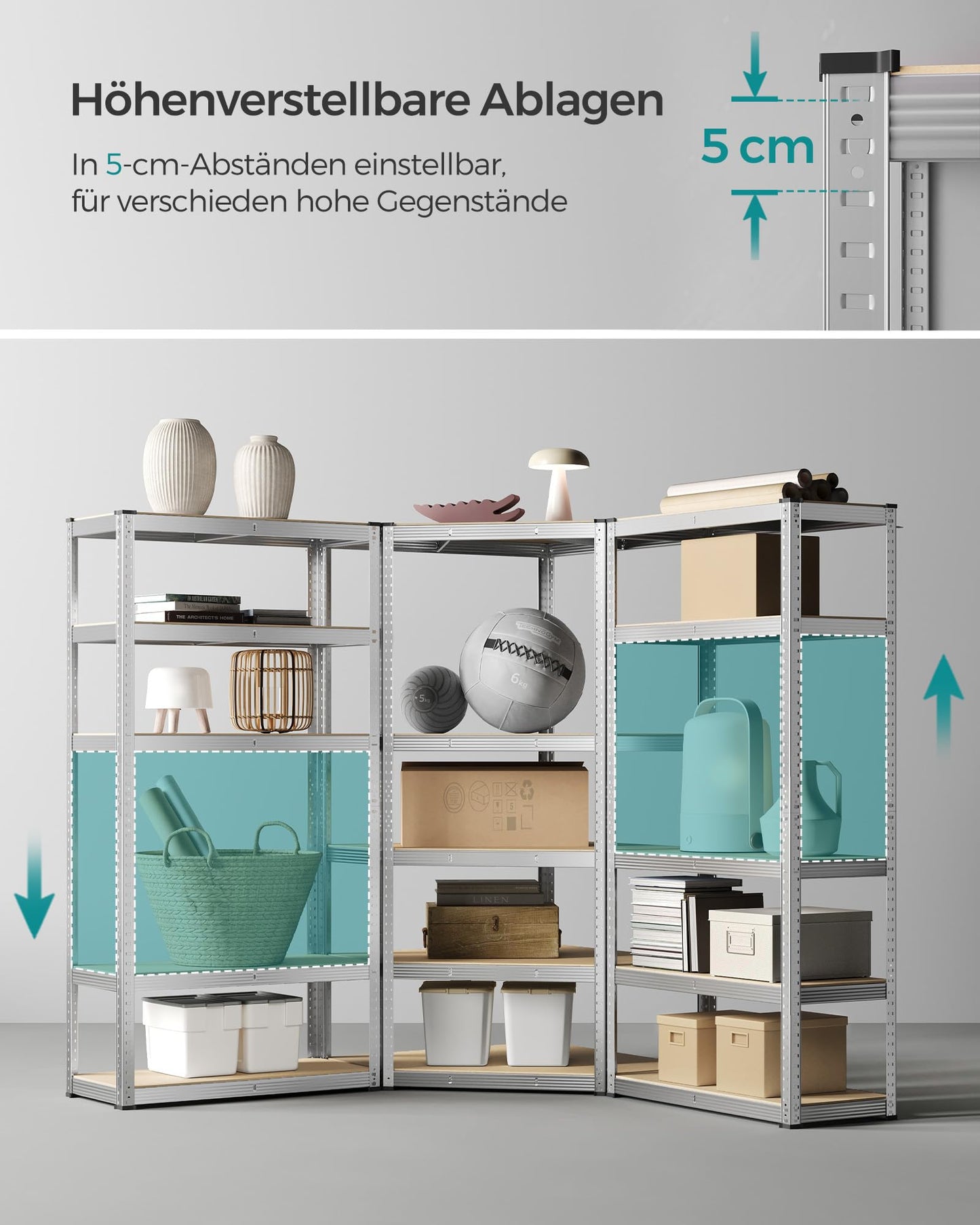SONGMICS Corner Shelving Set, 5 Levels, Heavy Duty Shelf, Metal, Storage Shelving for Garage, Storage Room, Basement Shelf, Holds up to 2625 kg, Silver/Natural Beige, GLR070E03