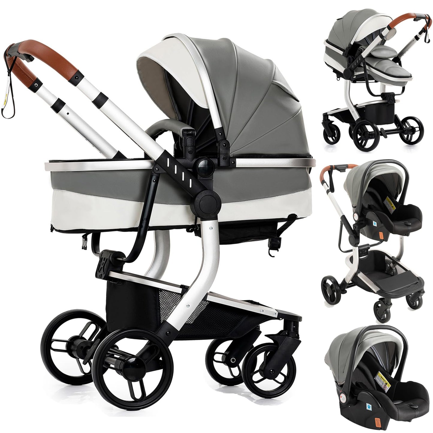Doraystar 360° Rotation PU Leather Pushchair 3-in-1 Combination Pushchair 3-in-1 with Two Reversible Sliding Modes, Pushchair Complete Set with One-Click Folding Design, Aluminium Alloy Frame (906