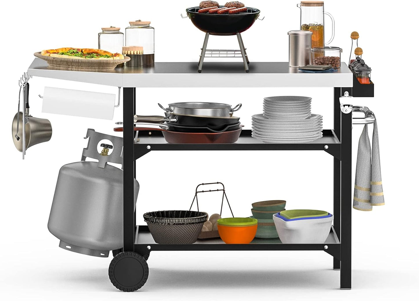 onlyfire Barbecue Trolley 120 × 53 × 81 cm, Grill Table with Large Work Surface, Wheels and Side Table, Serving Trolley 3 Levels, BBQ Table, Outdoor Grill Trolley, Stainless Steel Large Work Surface