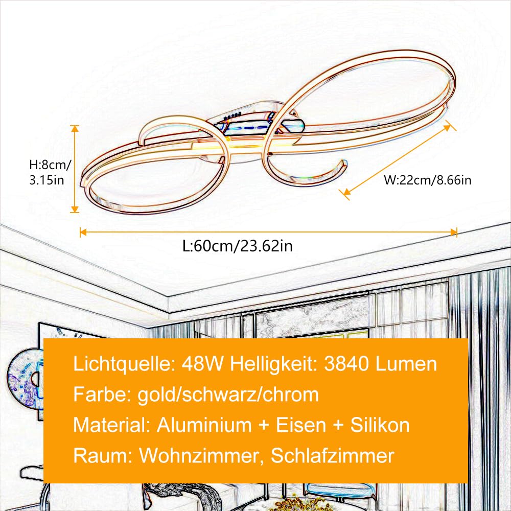 WSXEDC Moderne Kreative LED Deckenleuchte Dimmbare Metall Chrom für die Augenpflege Deckenlampe Mit Fernbedienung für Wohnzimmer Schlafzimmer Esszimmer Flure Gold 60cm