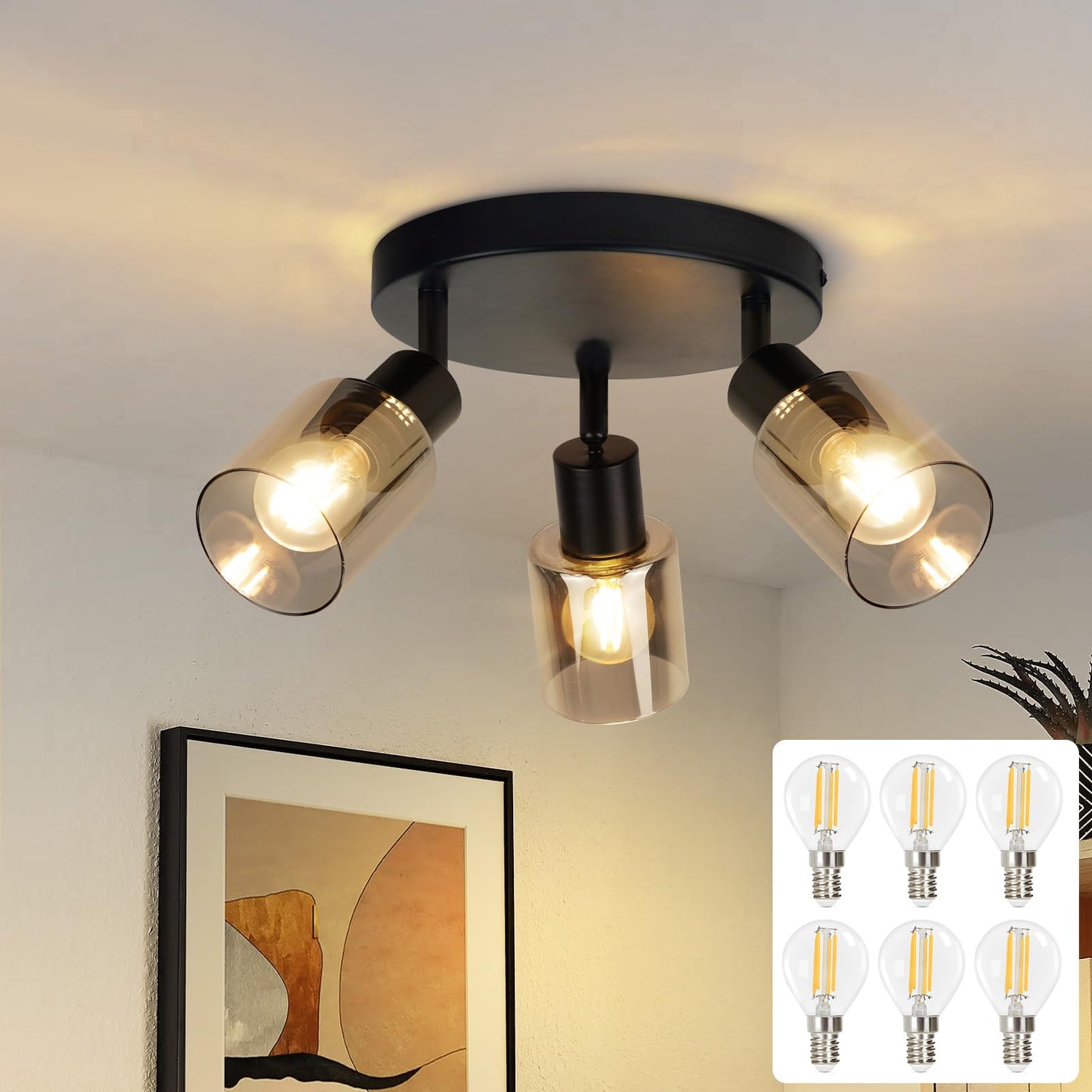 Kowanie Deckenlampe Vintage 6 flammig: Industrial Wohnzimmerlampe Schwarz Deckenleuchte Wohnzimmer retro Kronleuchter aus Glas Deckenbeleuchtung inkl. 6 × E14 2700K Leuchtmittel für Küche