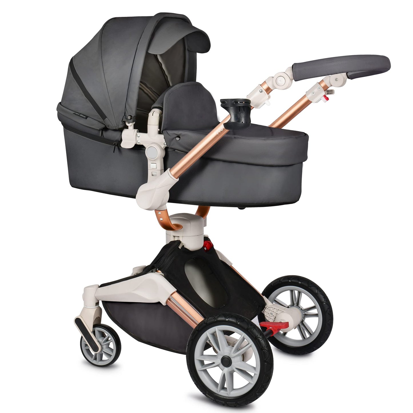 Hot Mom Pram Set with 360° Rotation Function, Combination Pushchair 3-in-1 Equipped with PU Tyres and Faux Leather Seat and Many Other Accessories, Dark Grey