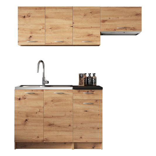 Mela Kitchen 180/120 cm, Kitchen Unit, 5 Cabinet Modules Freely Combinable (Artisan Oak/Black)