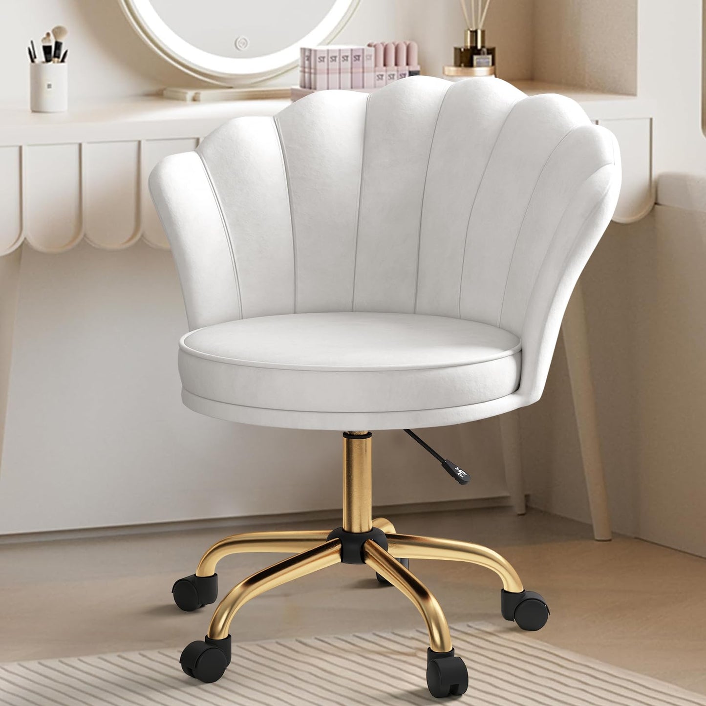 Home Office Chair, Dressing Chair, Velvet Chair, Petal Backrest, 360° Rotatable, Height-Adjustable, Ergonomic Office Chair, for Study, Bedroom, Maximum Load 120 kg, Beige