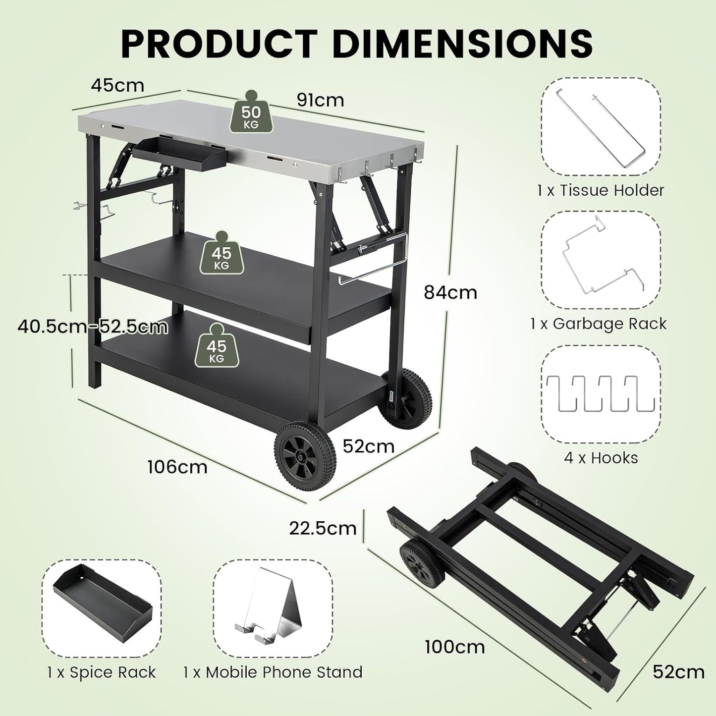KOMFOTTEU Foldable Barbecue Trolley, Grill Table with Stainless Steel Worktop, Outdoor Trolley with 2 Wheels, Serving Trolley Grill Trolley with Adjustable Shelf, Mobile Phone Holder & Towel Holder,