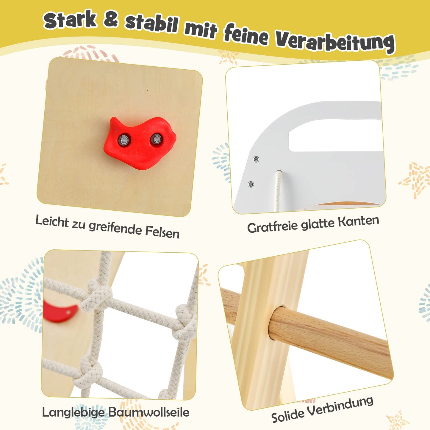 DREAMADE 8 in 1 Climbing Triangle Climbing Toy with Swing Ladder Slide Climbing Net Gym Rings Playground Indoor Wooden Climbing Frame for Sliding & Climbing for Children from 3 Years (Natural)