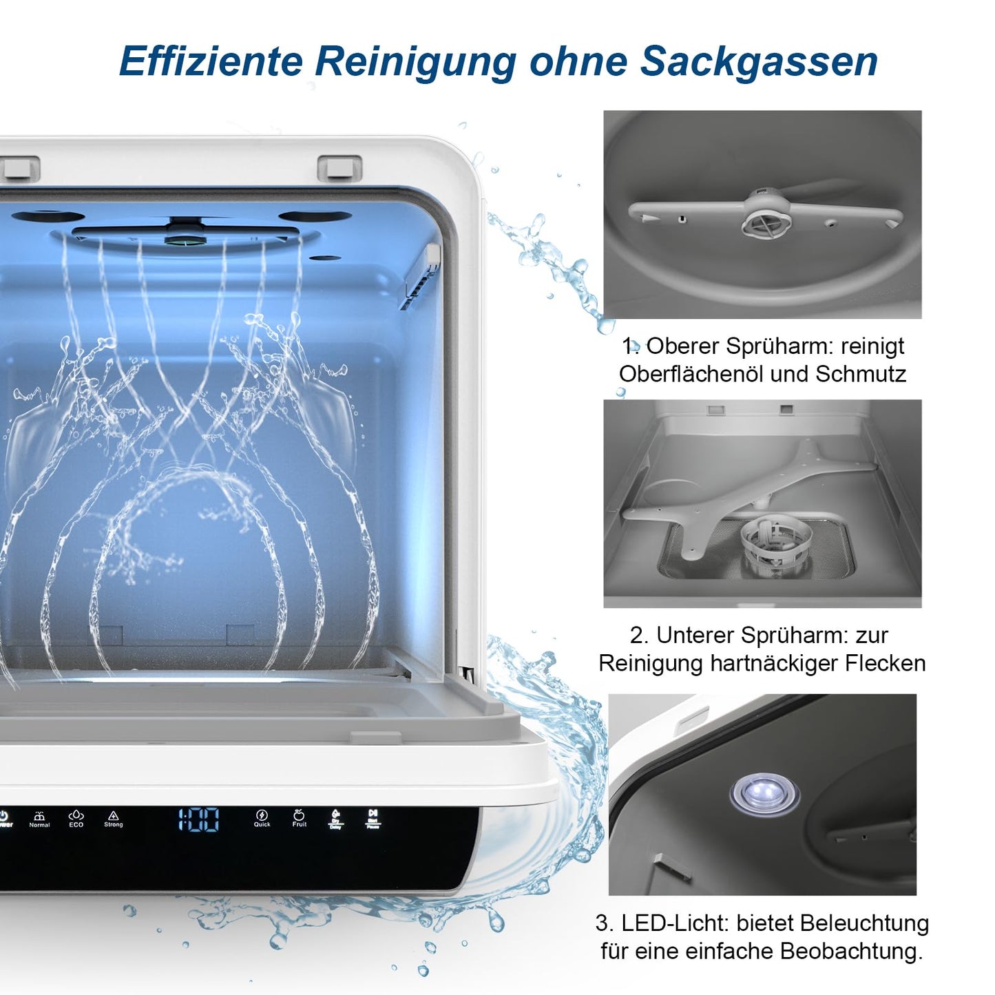 Mini Dishwasher for 3 Place Settings, Table Dishwasher with 7 Programmes with Drying Function, Can Be Used With/Without Water Connection, Dishwasher 4.8 L, Touch Control for Motorhomes, Homes