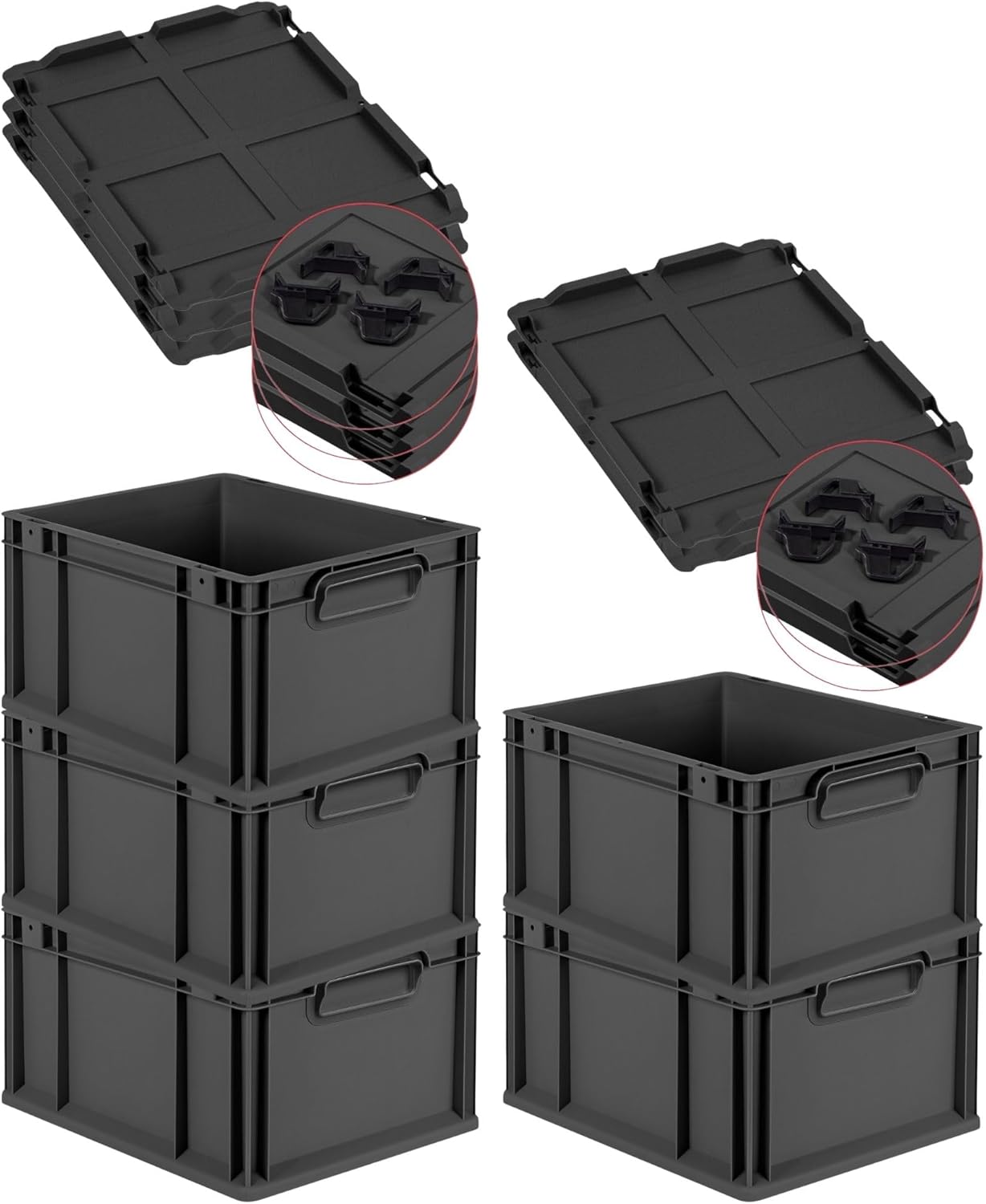 PROREGAL Economy Set of 5 Eurobox NextGen Colour with Lid and Sliding Snap Fasteners, H x W x D 22 x 30 x 40 cm, 20 L, Black, Closed Handles, Euro Container, Transport Box, Transport Container