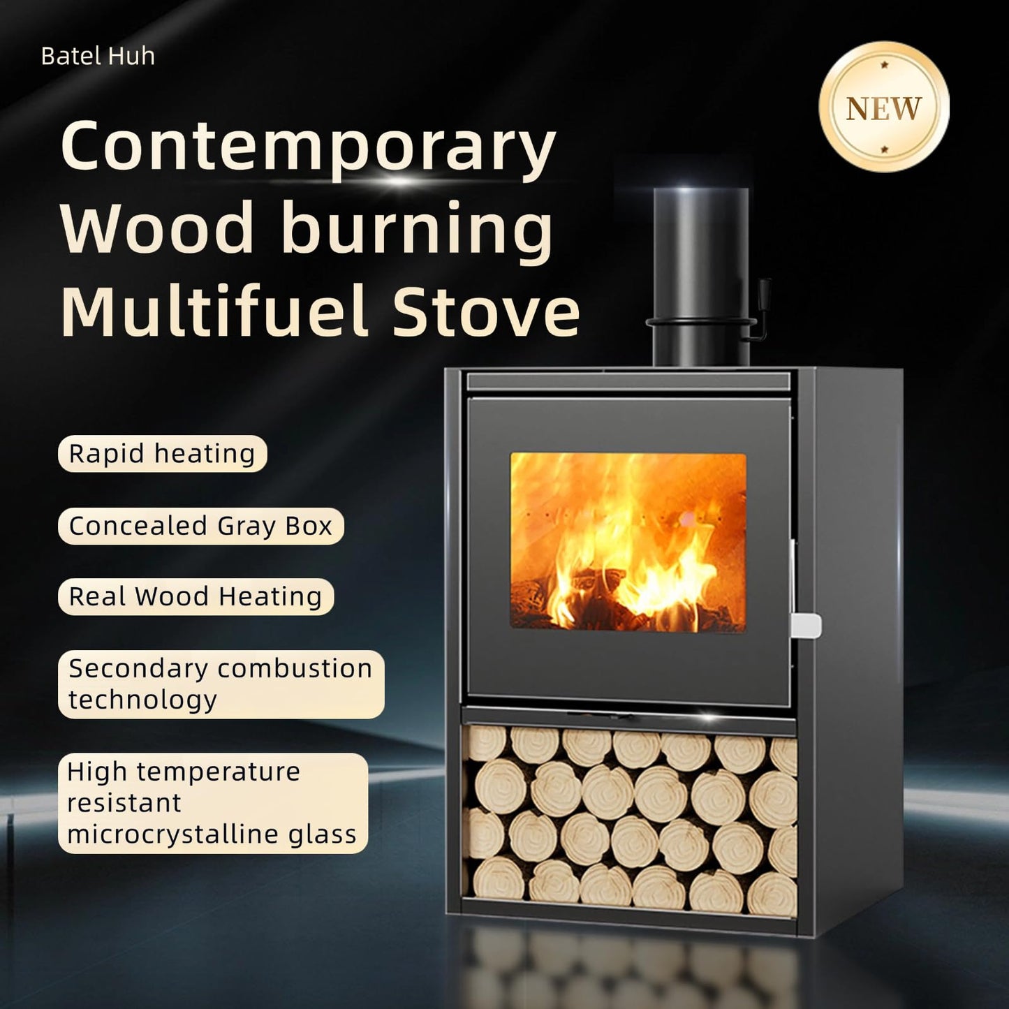 Fireplace Stove with Ceramic Glass Window, Workshop Stove, Continuous Burning Stove, Hut Stove, Heating Stove, Black, Wood Stove, Suitable for Hotel, Host Family, Villa Café (Size: 60 x 49 x