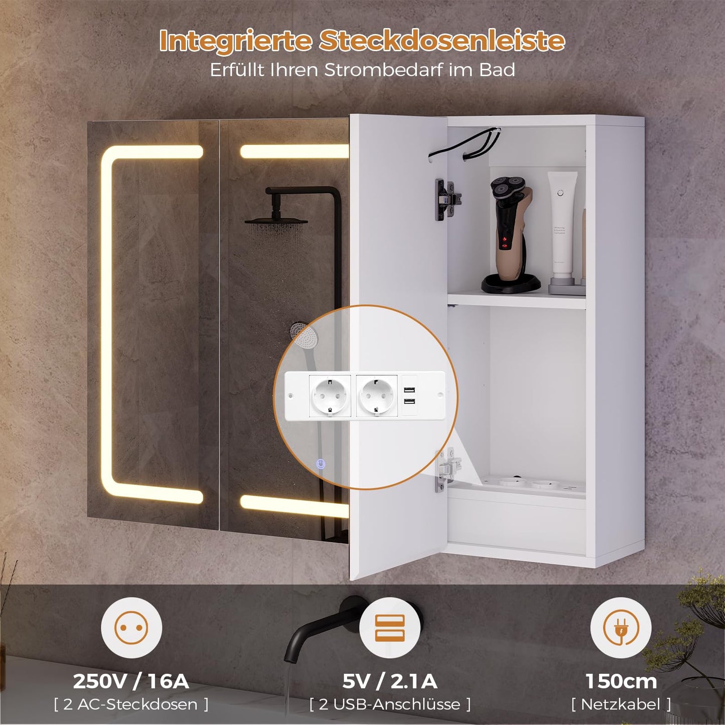 mojiasion Bathroom Mirror Cabinet 100 cm Wide with LED Lighting, Socket & 3 Colour Temperatures Dimmable Bathroom Cabinet with Touch Sensor 60 x 100 x 16 cm (H x W x D) Mirror + 3 Adjustable Shelves