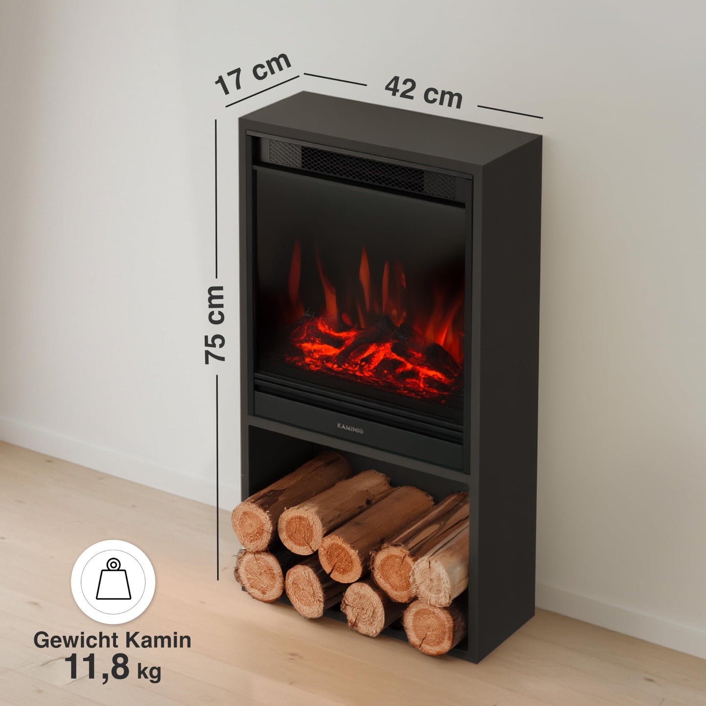 Hugo Electric Fireplace with Heater, 3D Flame Effect, LED Ambient Light, Wooden Compartment, Remote Control (White)