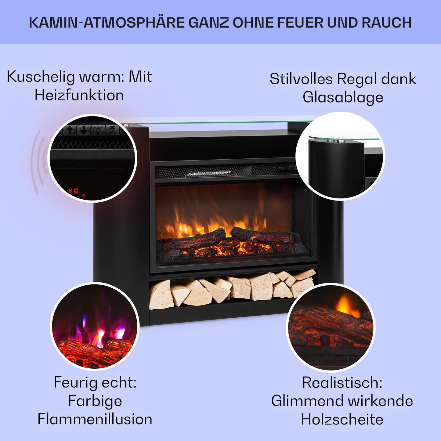Klarstein Elektrokamin, Elektro Heizungen für Wohnzimmer & Innenräume, Elektrischer Kamin mit LED Flammen, Sparsamer Elektroofen, Heizlüfter mit Timer, Einstellbarer Thermostat, Heizung 1800 W